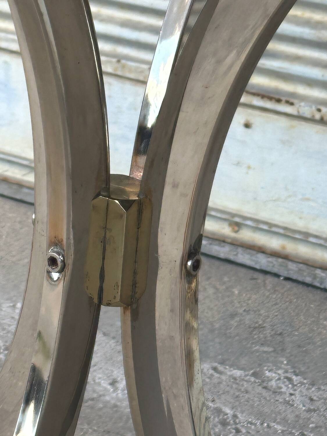 1970s table – chrome, brass, and smoked glass