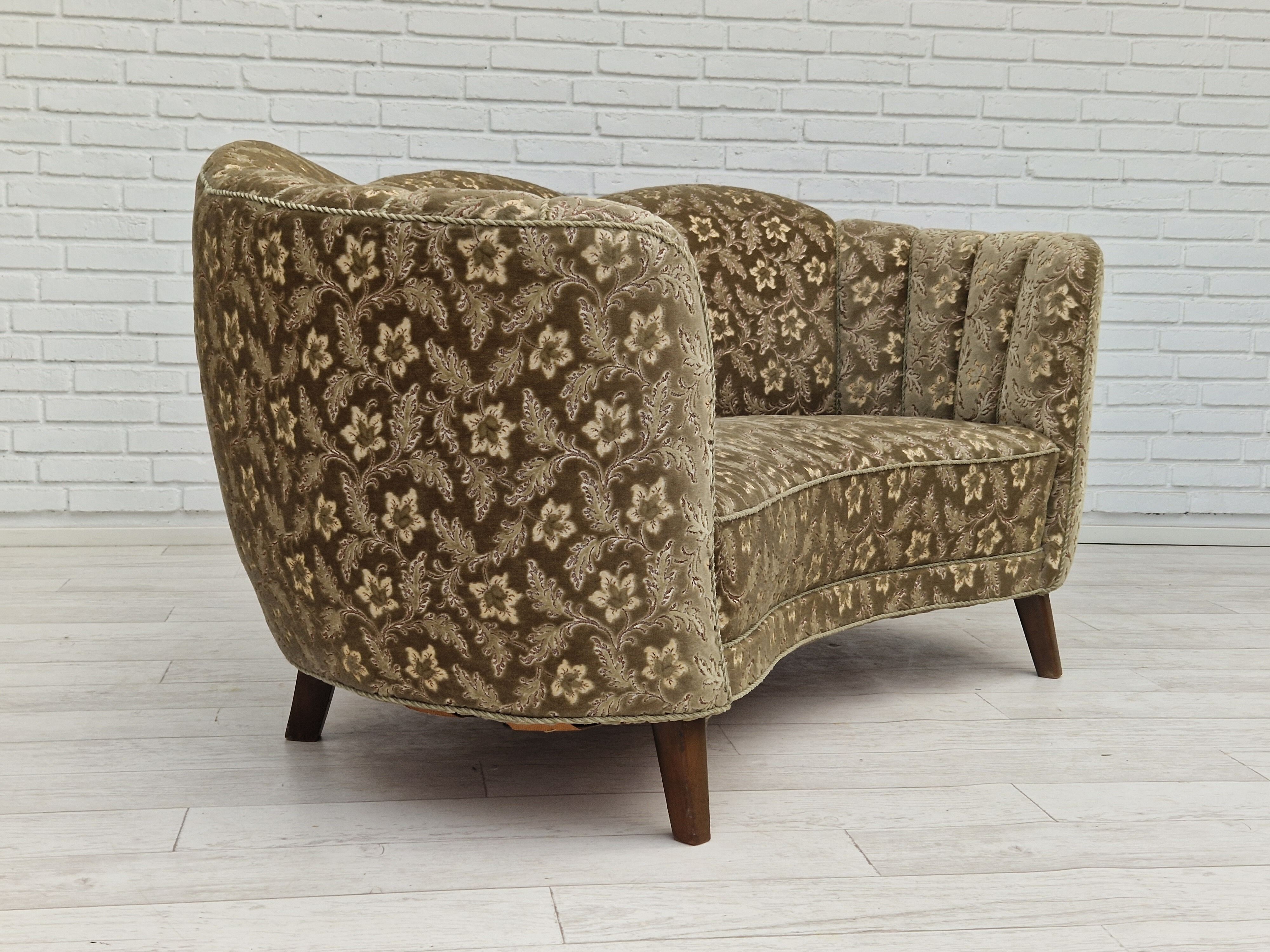 60s, danish vintage 2 seater "banana" sofa, green velour, original condition.