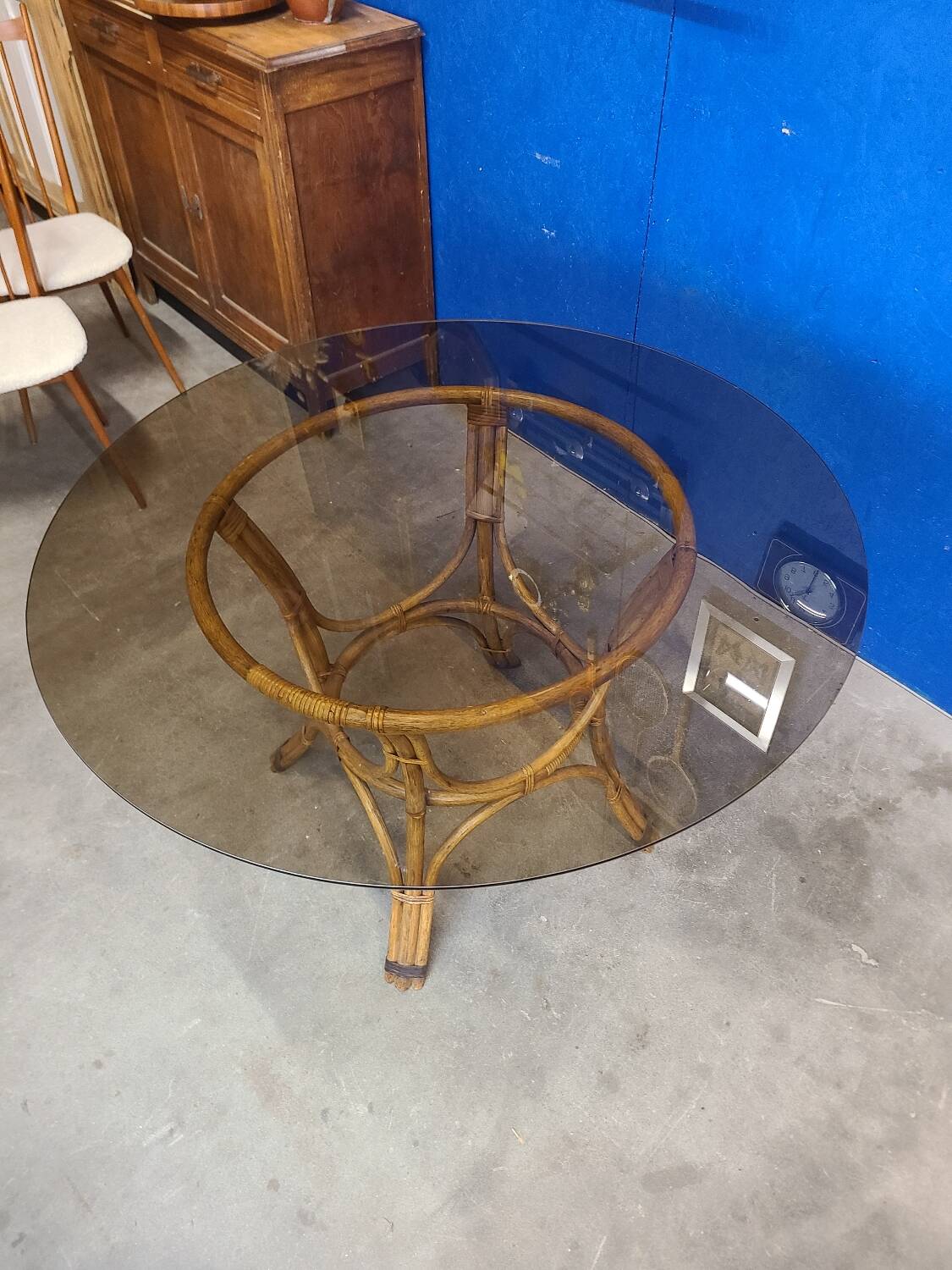 70s smoked glass and rattan table