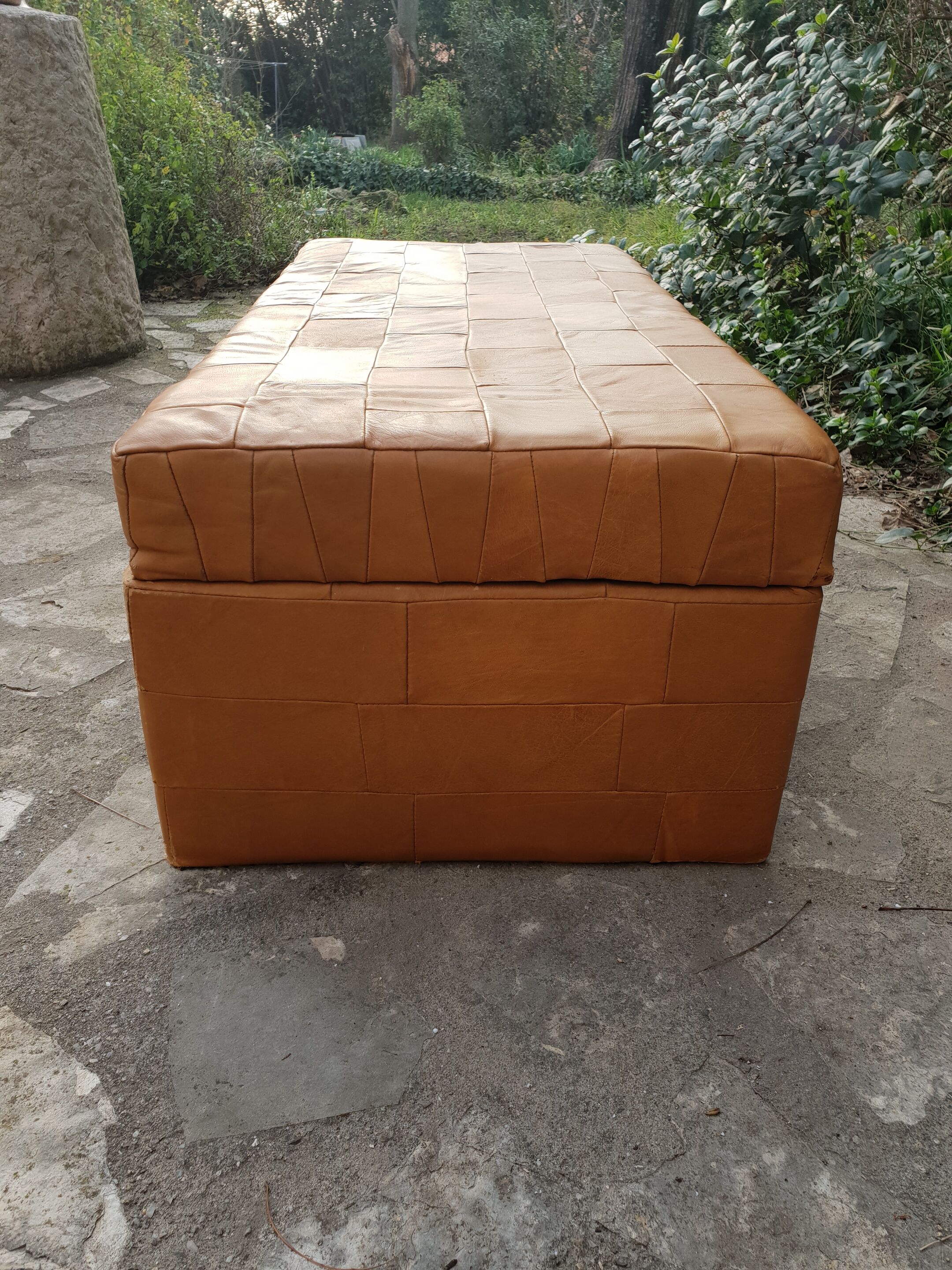 1970 leather patchwork chest bench