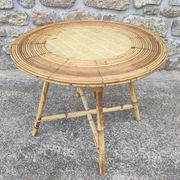 Table basse ronde vintage rotin et vinyle façon paille tressée