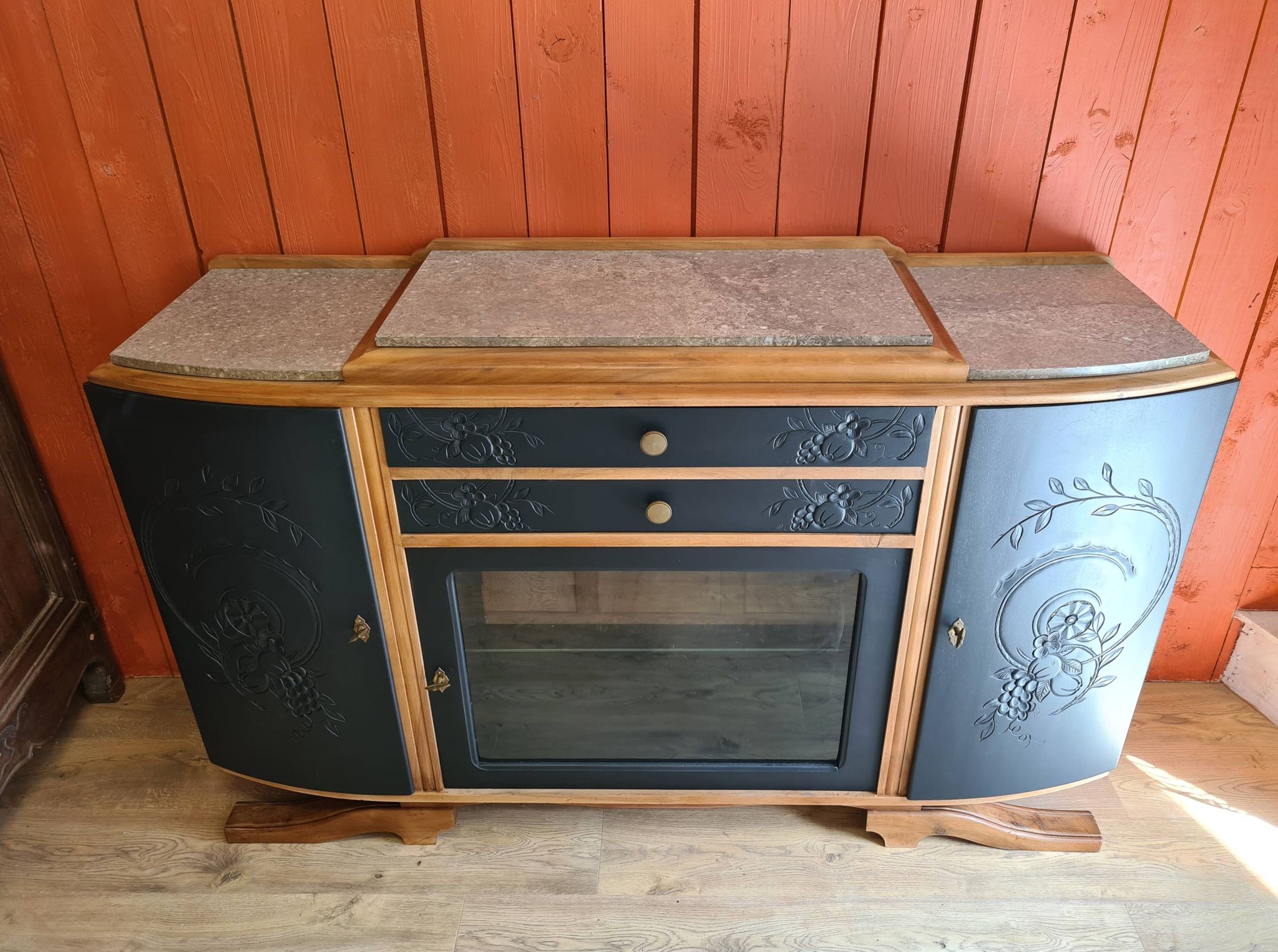 Renovated art deco walnut sideboard with beveled glass door and marble tops
