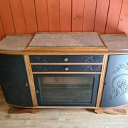 Renovated art deco walnut sideboard with beveled glass door and marble tops