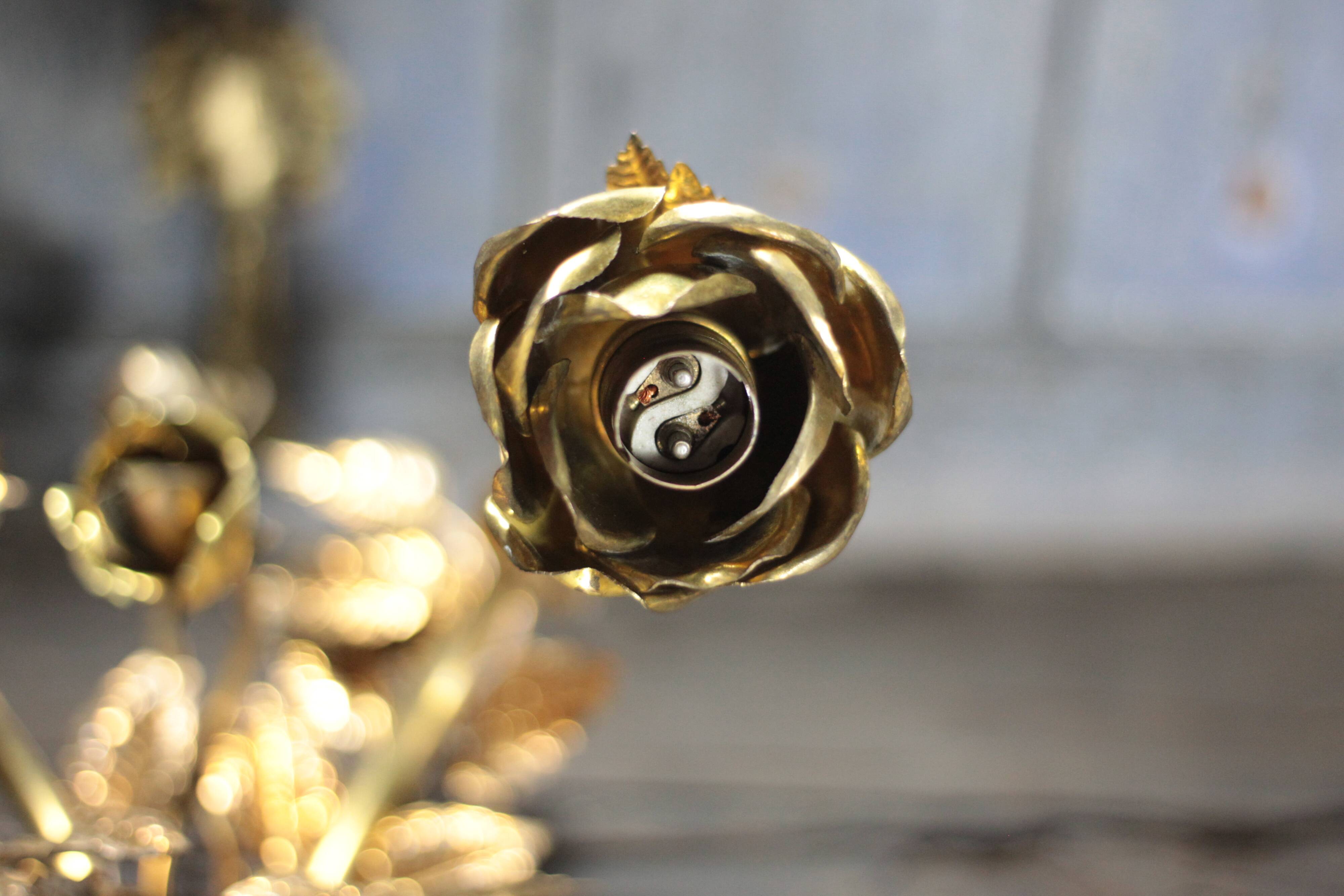 Pair of bronze and gold metal floral wall sconces, flower wall lamp.