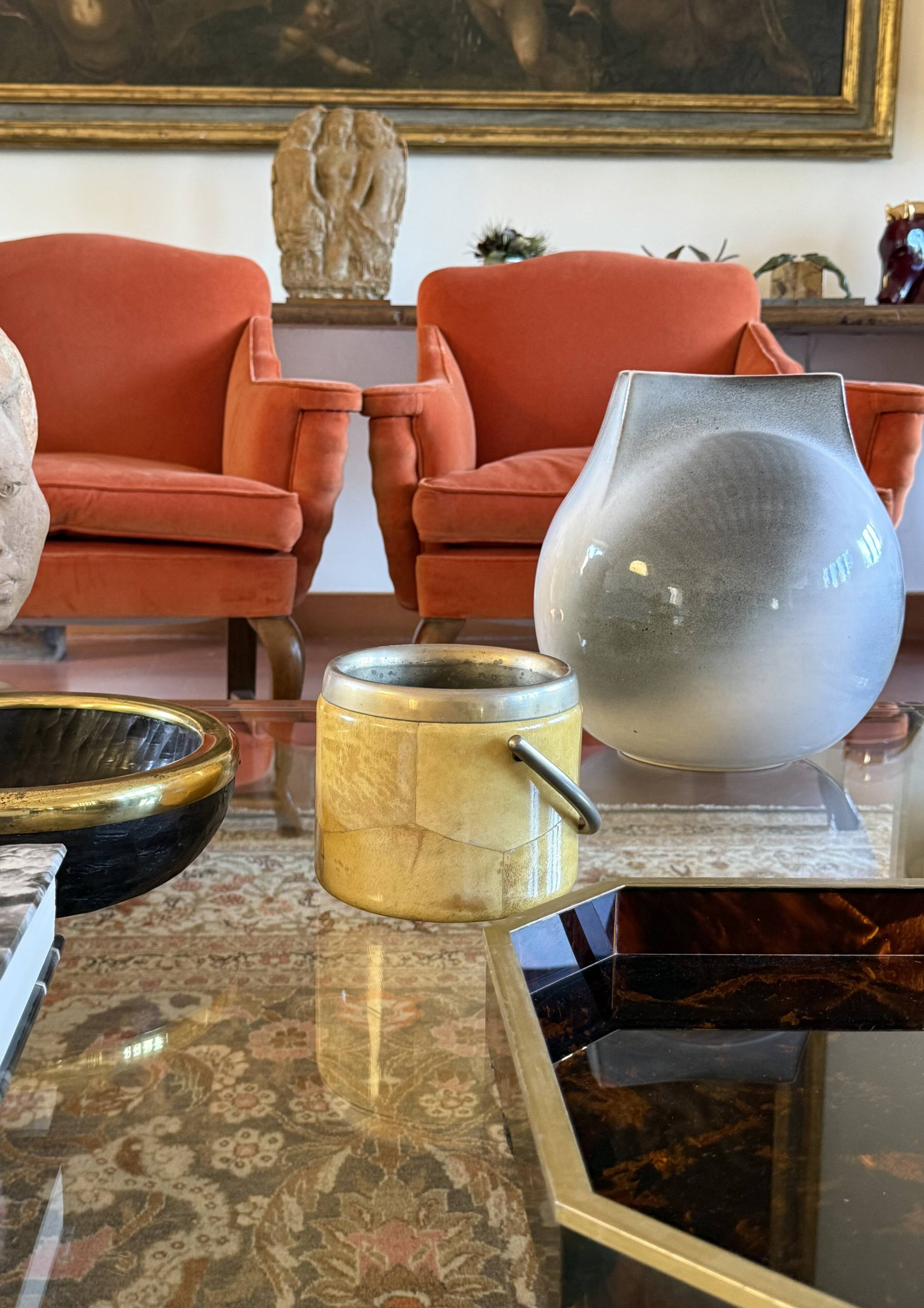 Mid-century cream parchment ice bucket, Aldo Tura Italy 1950s