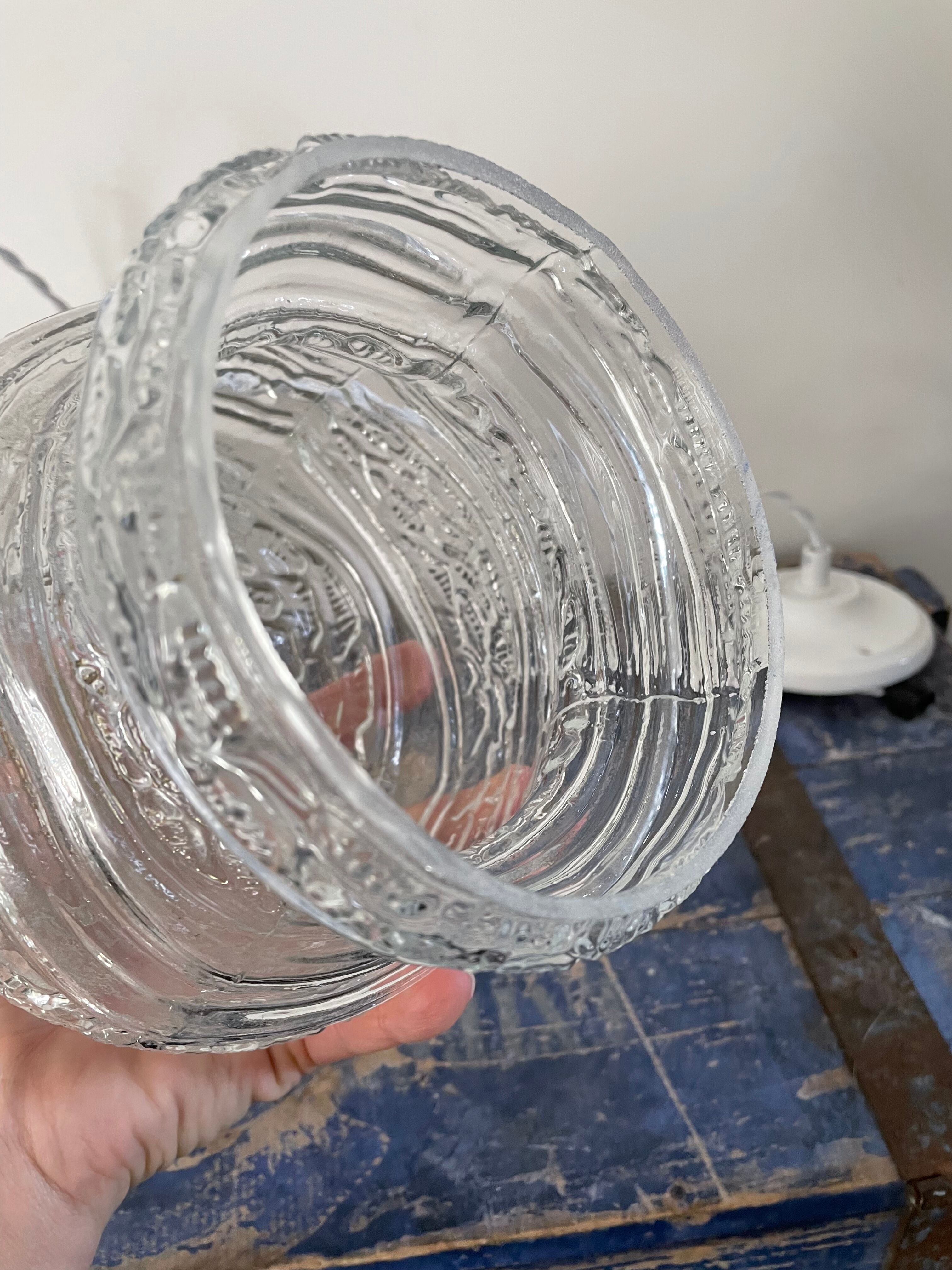 Set of two vintage electrified glass pendant lamps