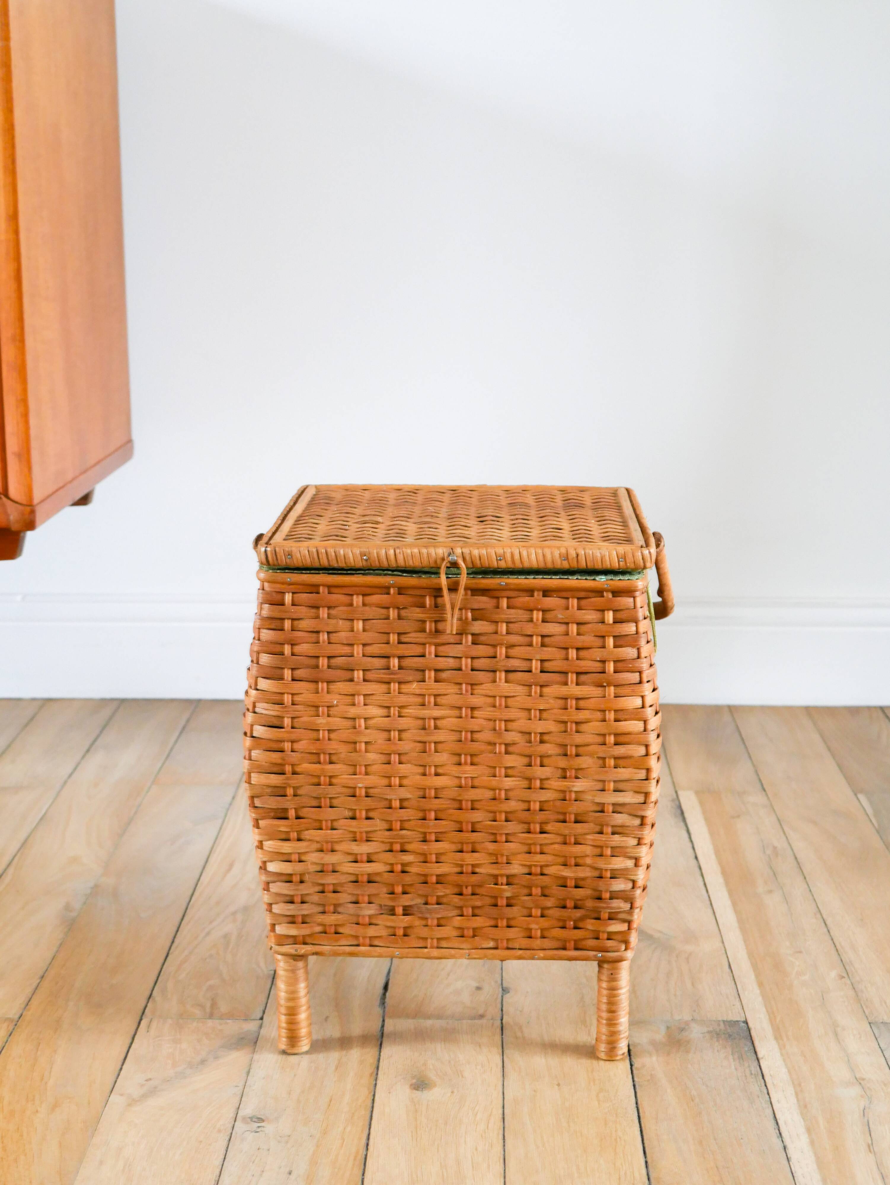 Little rattan worker, vintage green fabric interior, 1960