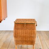Little rattan worker, vintage green fabric interior, 1960