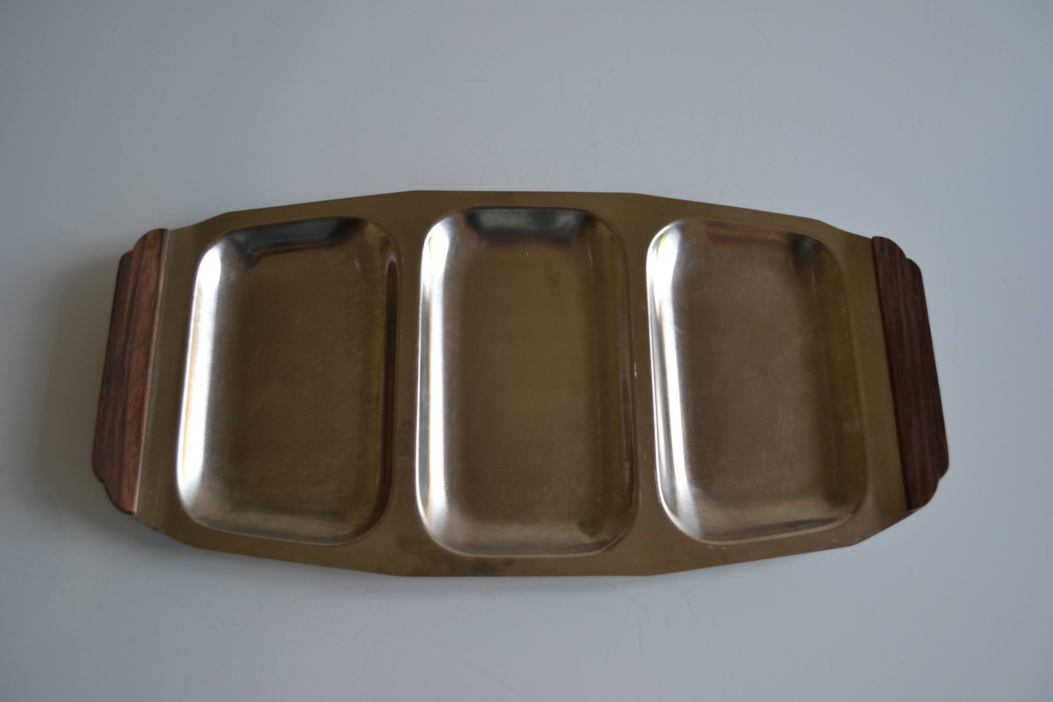 Plat de service vintage inox poignées teck made in Japan