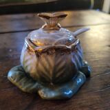 Antique mustard pot porcelain - Cabbage and butterfly - Barbotine 19th century