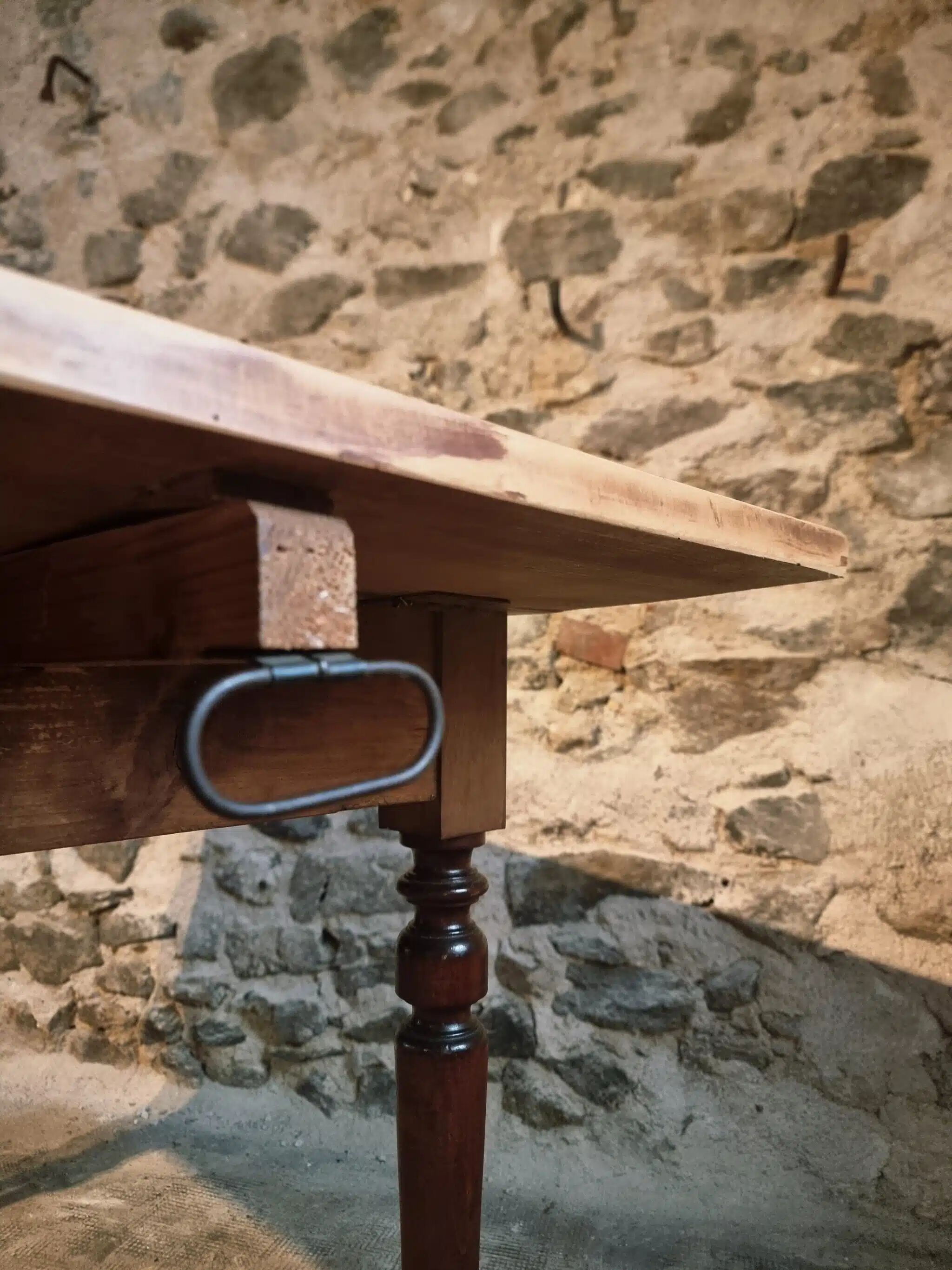 Vintage French pine table with extendable side, circa 1930, suitable for kitchen or office use.