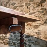 Vintage French pine table with extendable side, circa 1930, suitable for kitchen or office use.