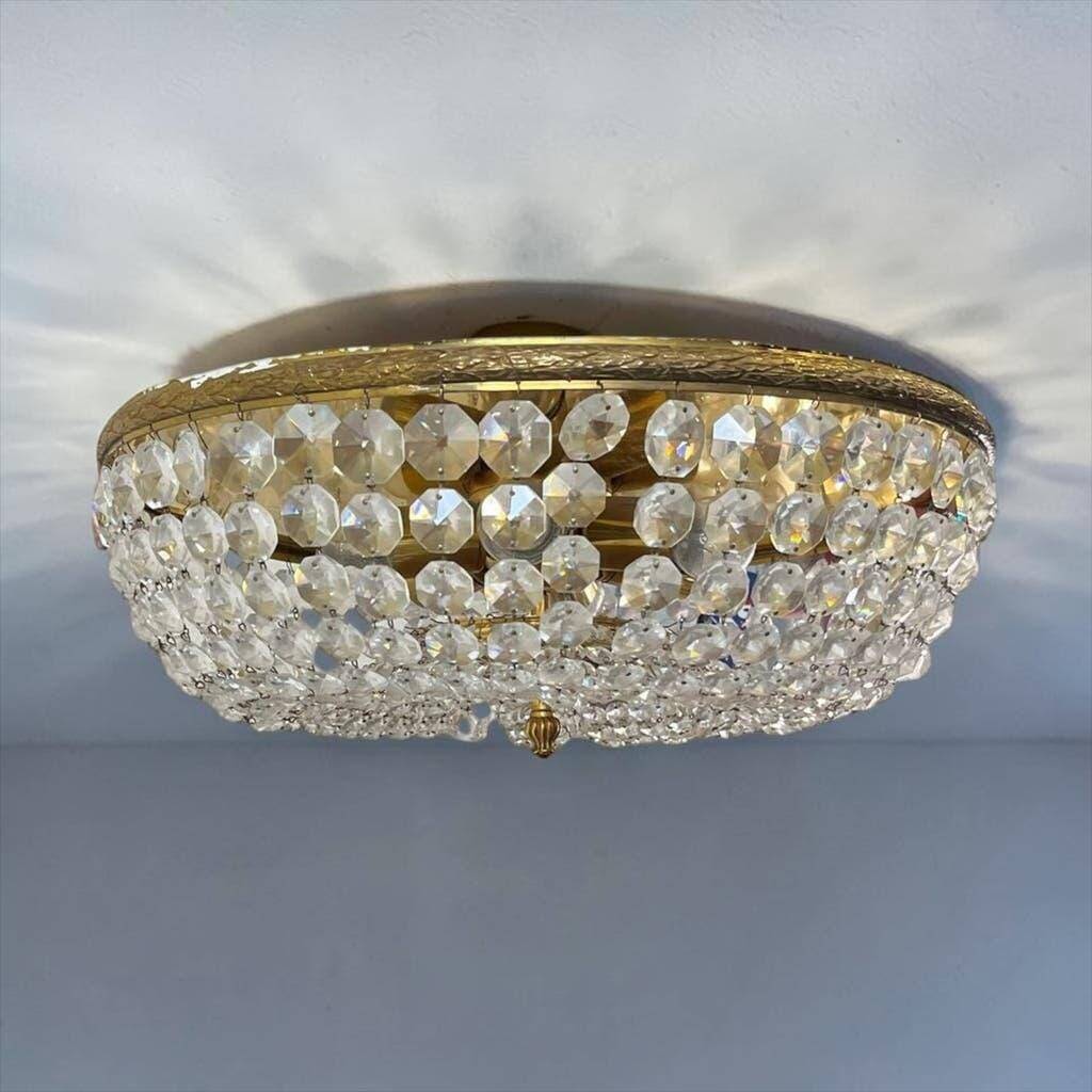 Vintage brass ceiling light/suspension with crystal.