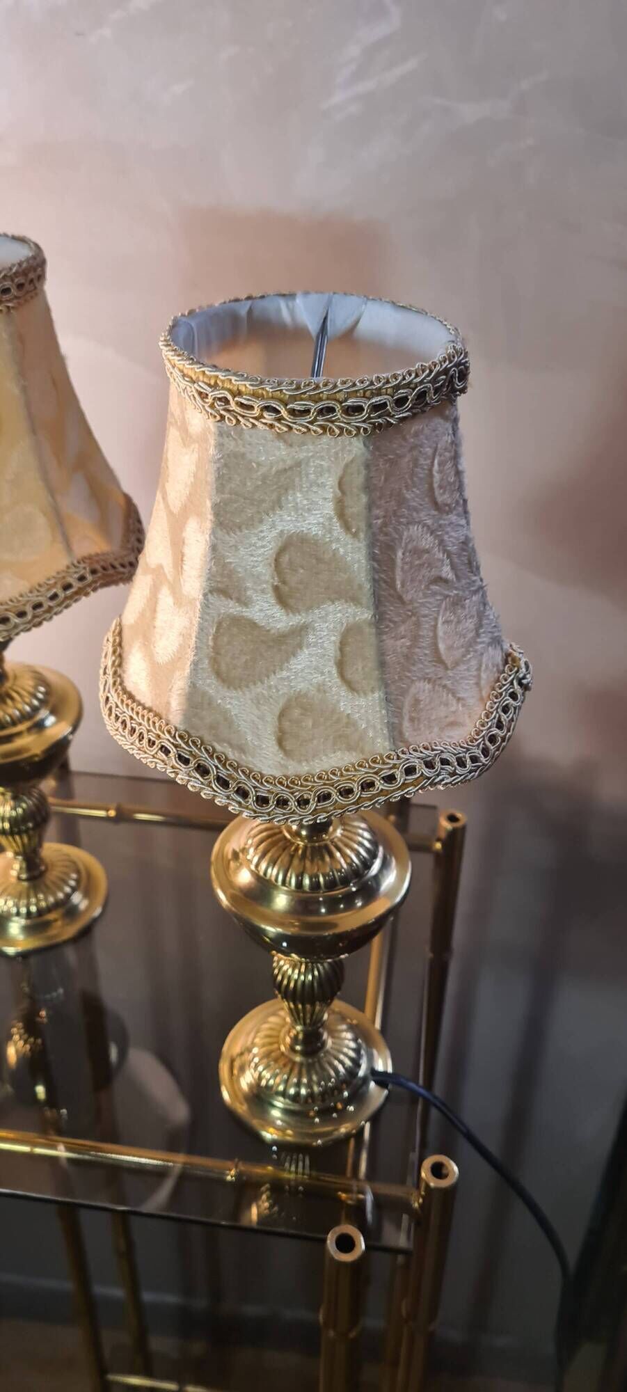 Pair of brass bedside lamp, with pretty velvet lampshade 31x14