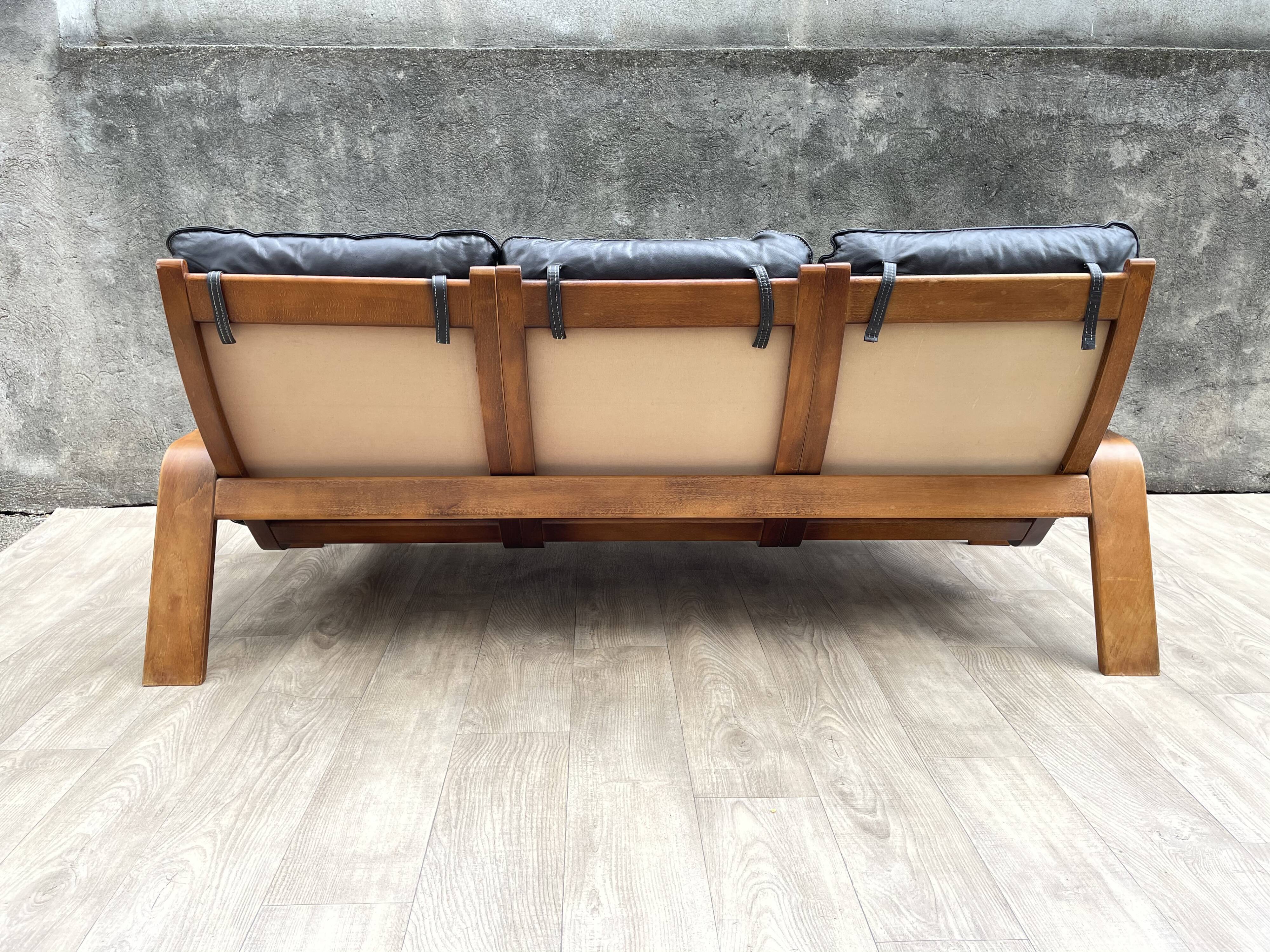 Scandinavian wooden and leather sofa, 1970s