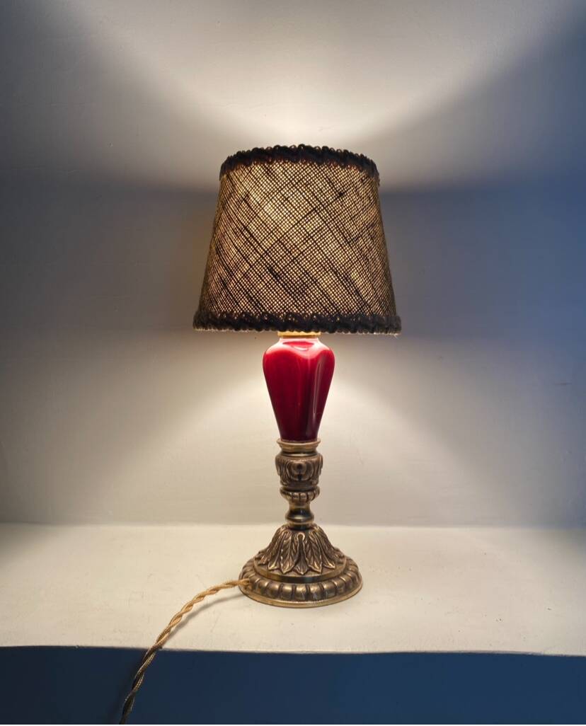 Lampe bronze, câble 2 M tissu neuf, abat-jour