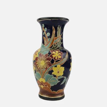 Large multicoloured ceramic vase with floral decoration signed NT.