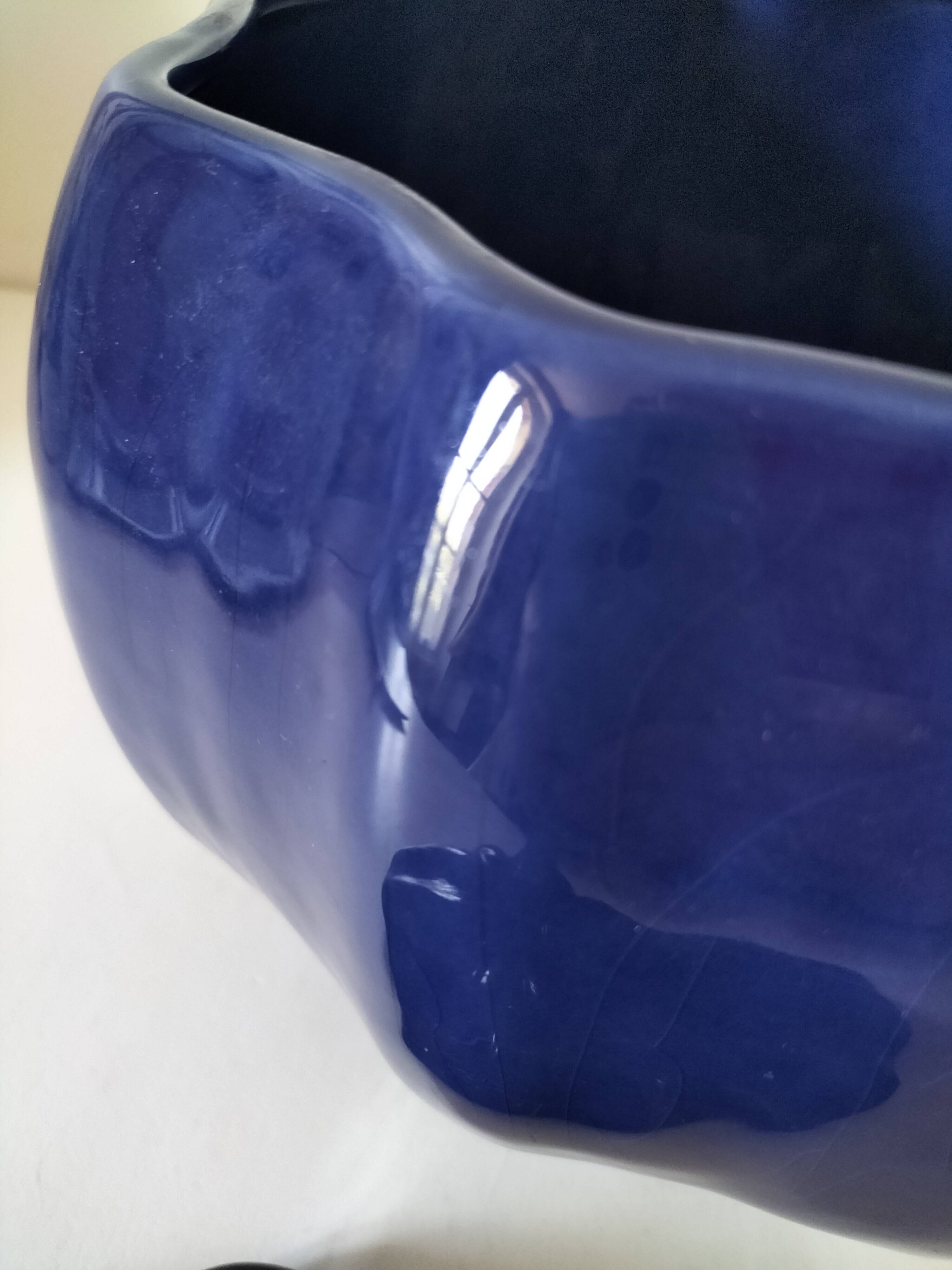 Large vintage soup tureen in glazed ultramarine ceramic