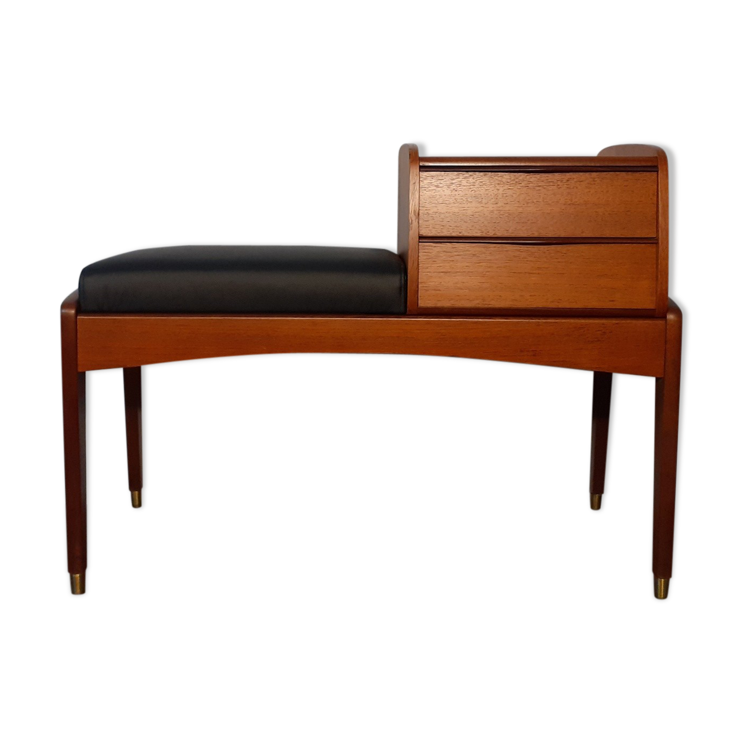 Bench phone 2 drawers in teck and black leather 1970