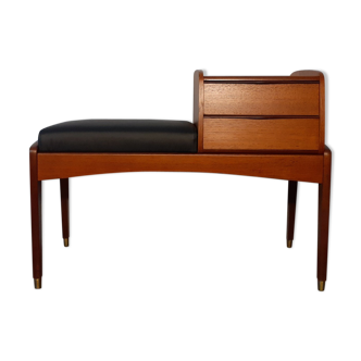 Bench phone 2 drawers in teck and black leather 1970