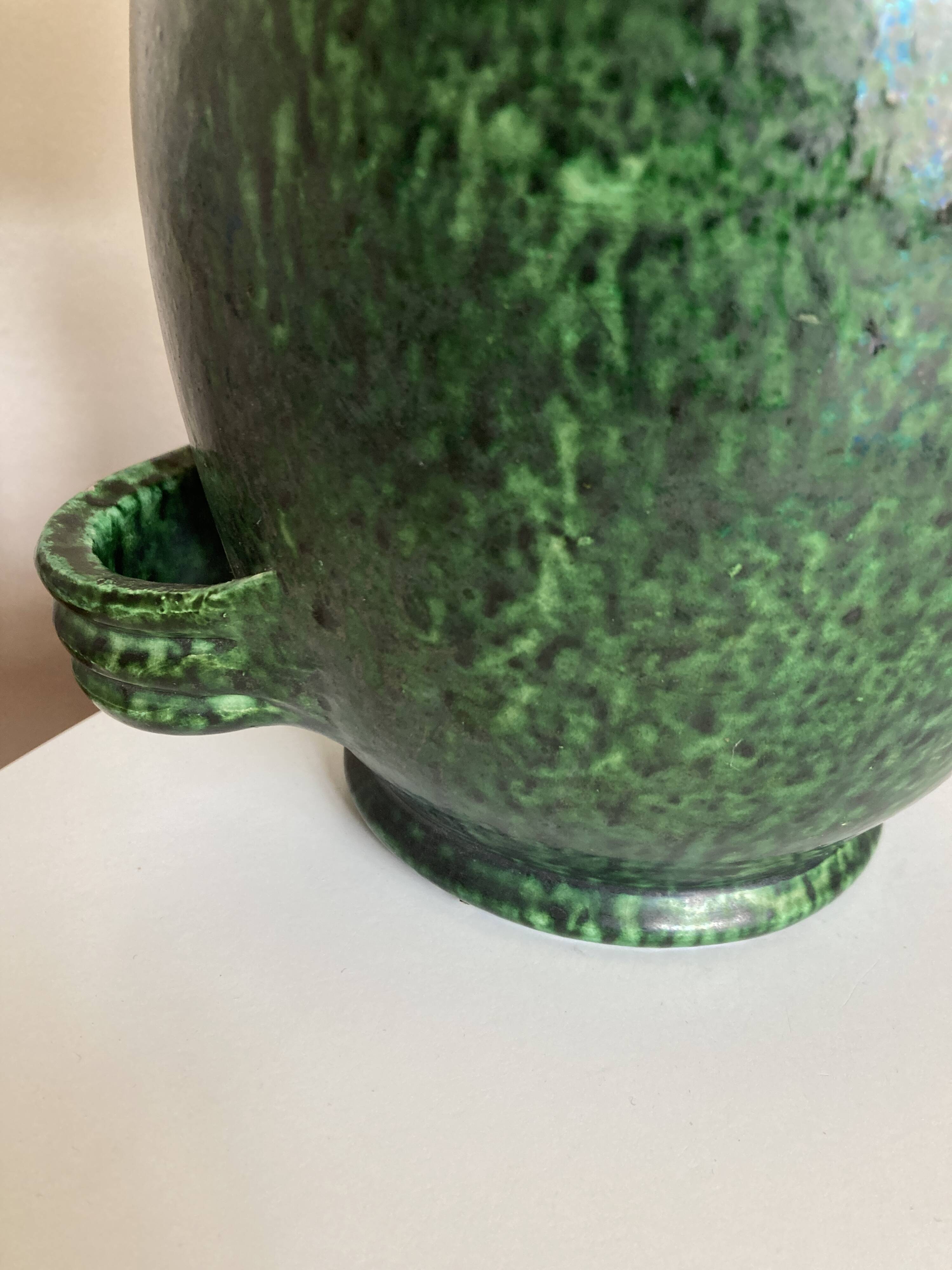 XXL green glazed terracotta lamp by Foucart Jourdan Vallauris 1960