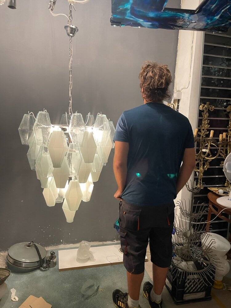 Large Polygon White Murano Glass Chandelier 1980’s