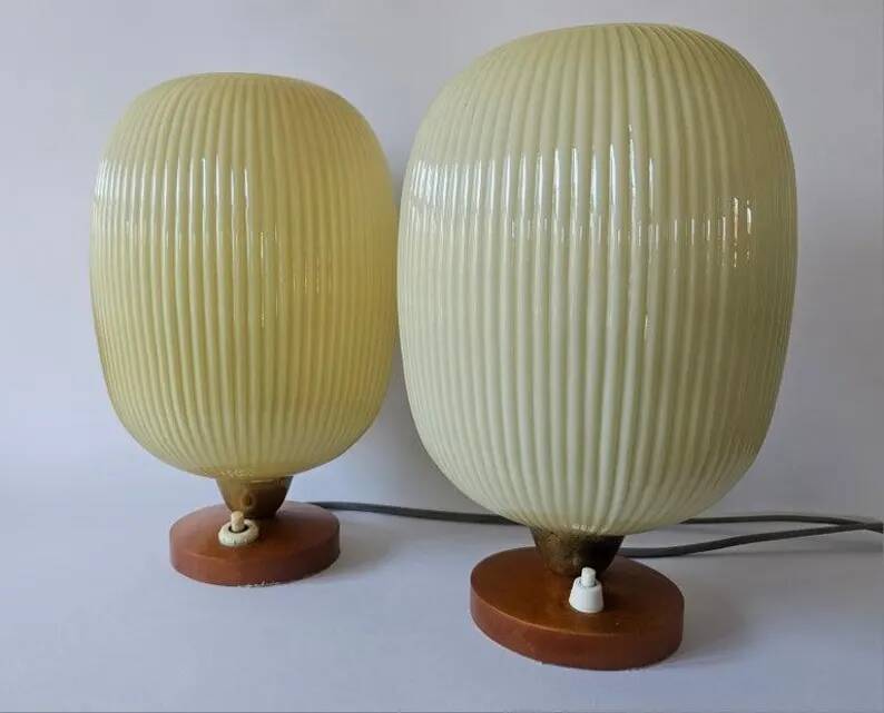 Rare Pair of Table Lamps, Glass and Wood, 1960s