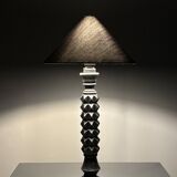 Brutalist wood turned ebonized table lamp in the style of Charles Dudouyt