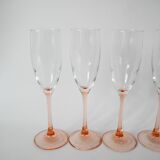 Set of 5 luminarc champagne flutes with pink feet 1970