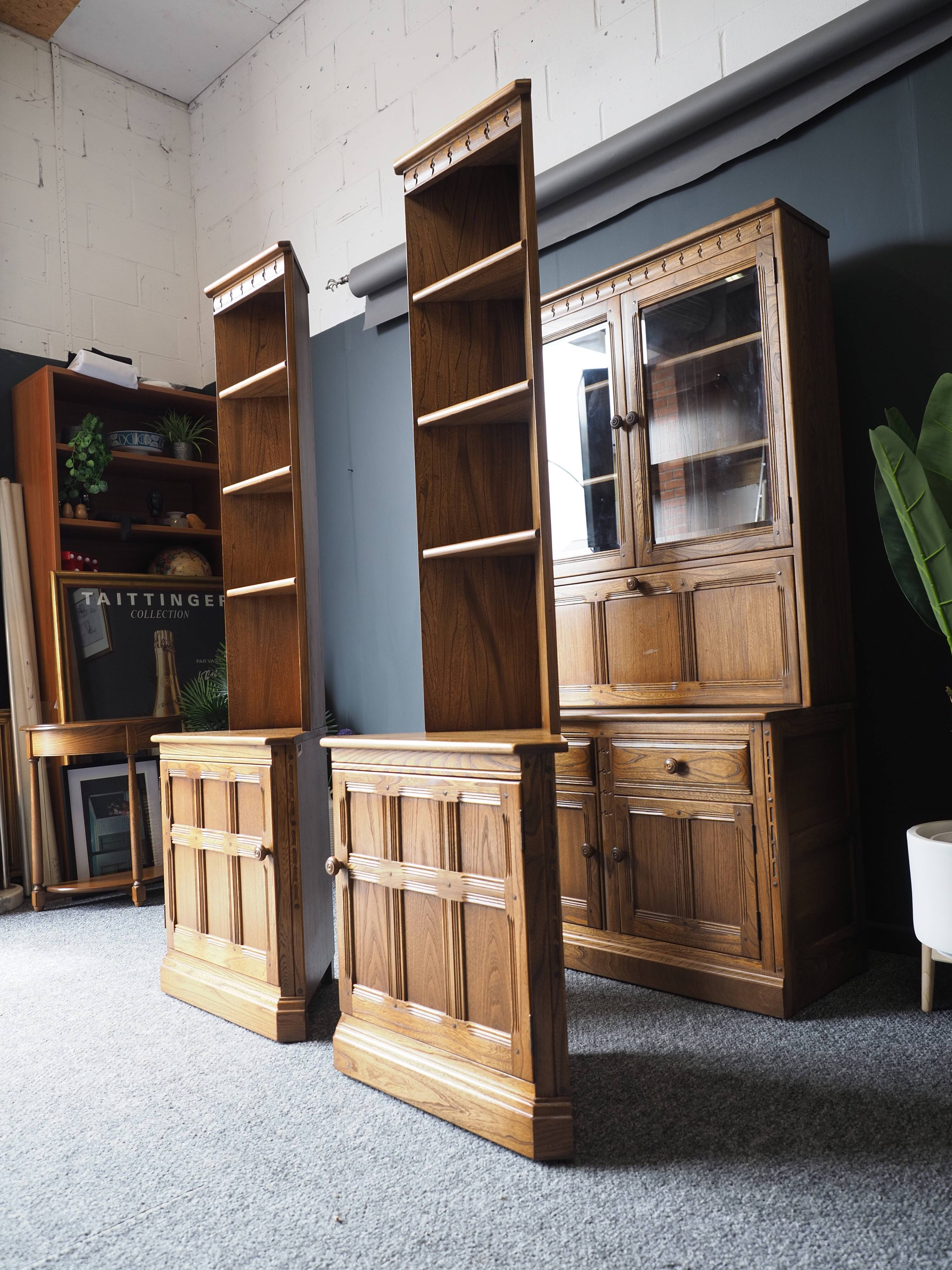 Pair of Ercol golden dawn corner cabinets elm mid century
