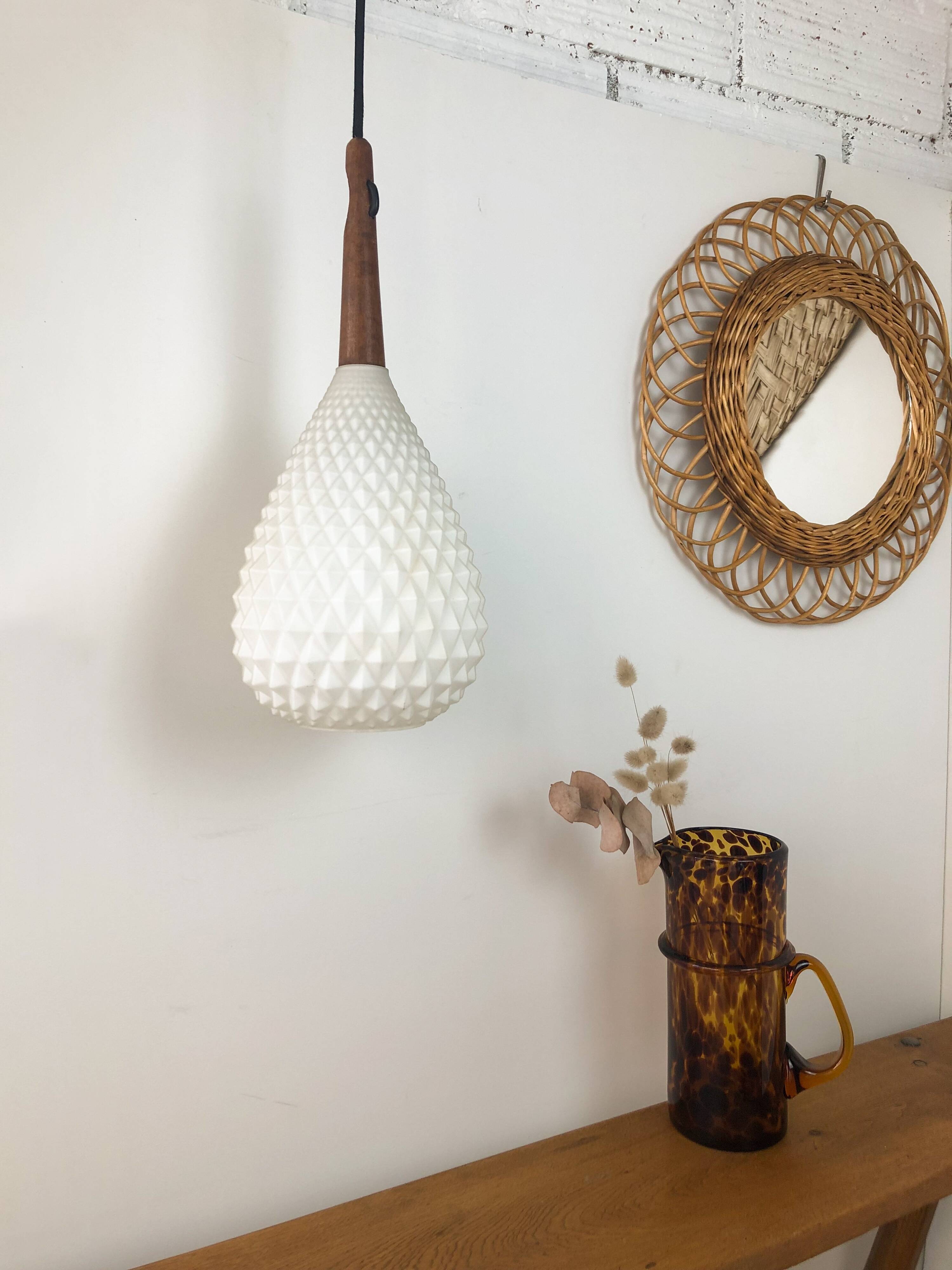 Scandinavian teak and opaline hanging lamp