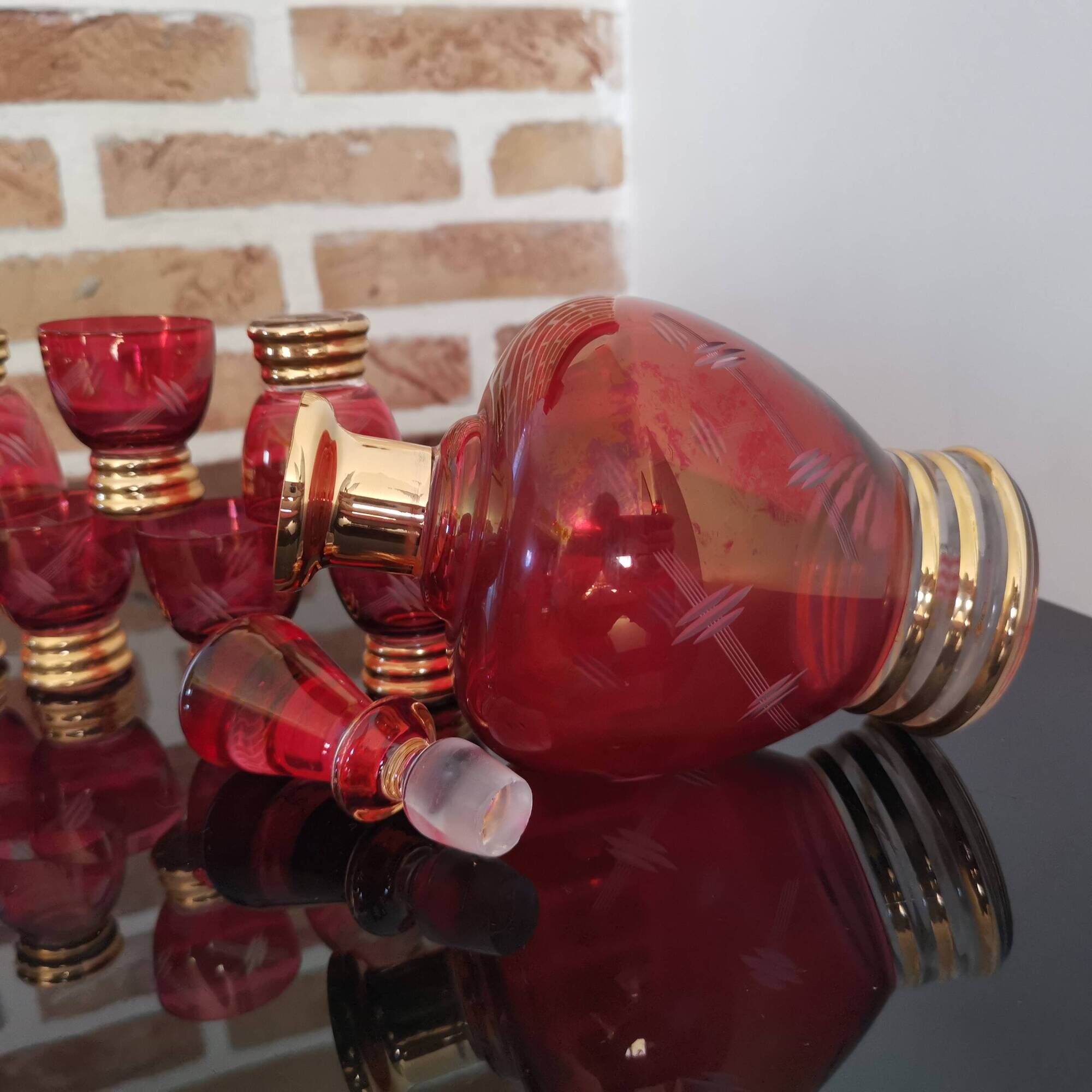 Set of 7 Art Deco glasses and carafe, Verrerie de Monaco Monte Carlo