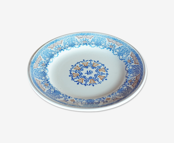 Plat à gâteau en faïence à frise florale classique bleu et cannelle - Longwy, vieux rouen - 1880