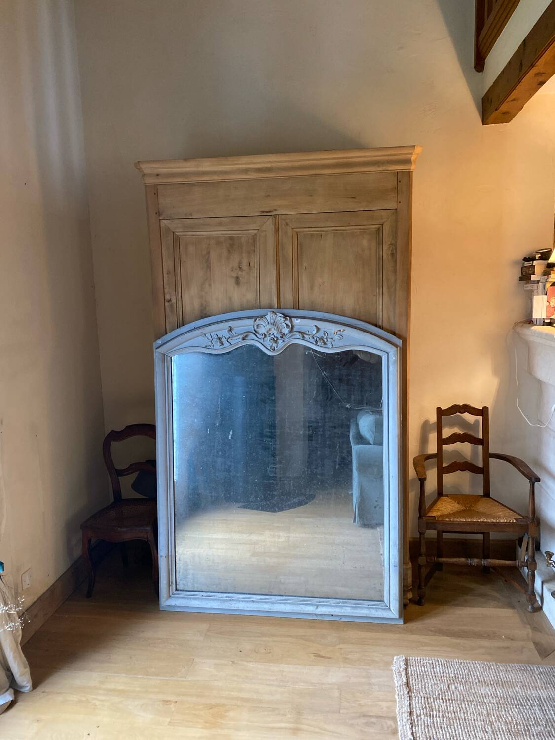 Very large antique carved wooden trumeau mirror