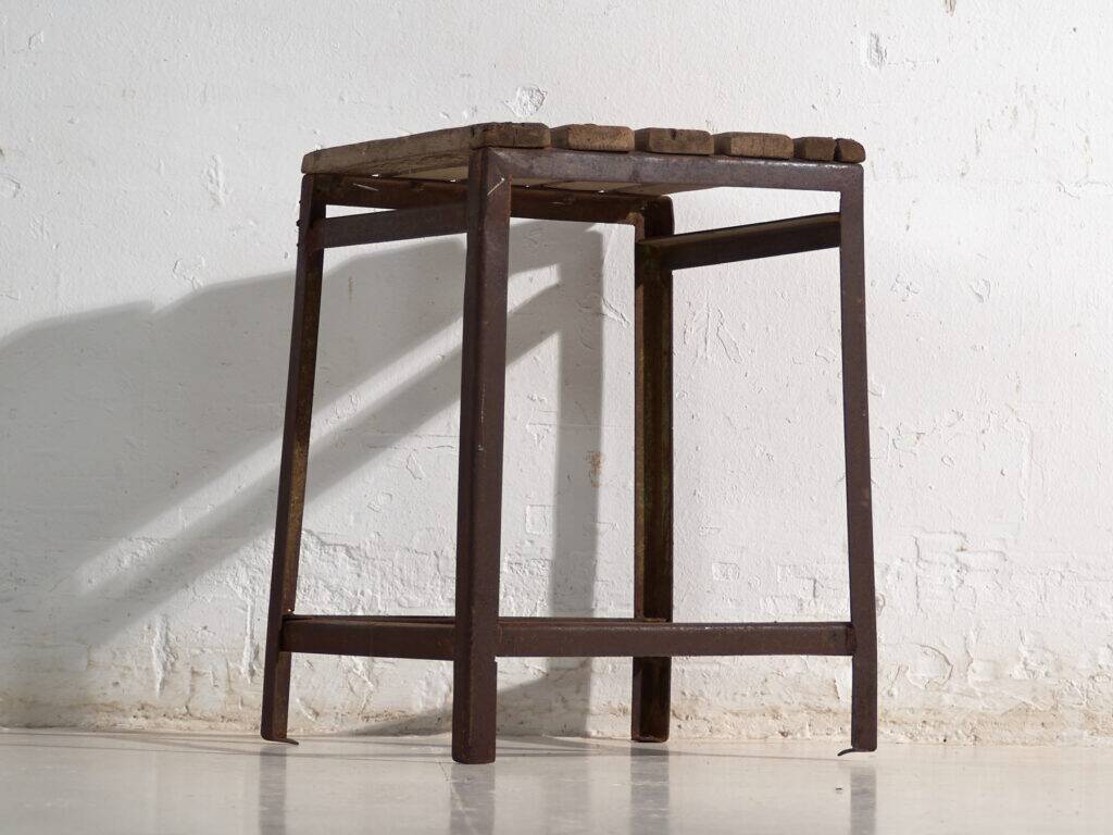 Vintage industrial stool made of pine wood and iron – Central Europe, around 1950