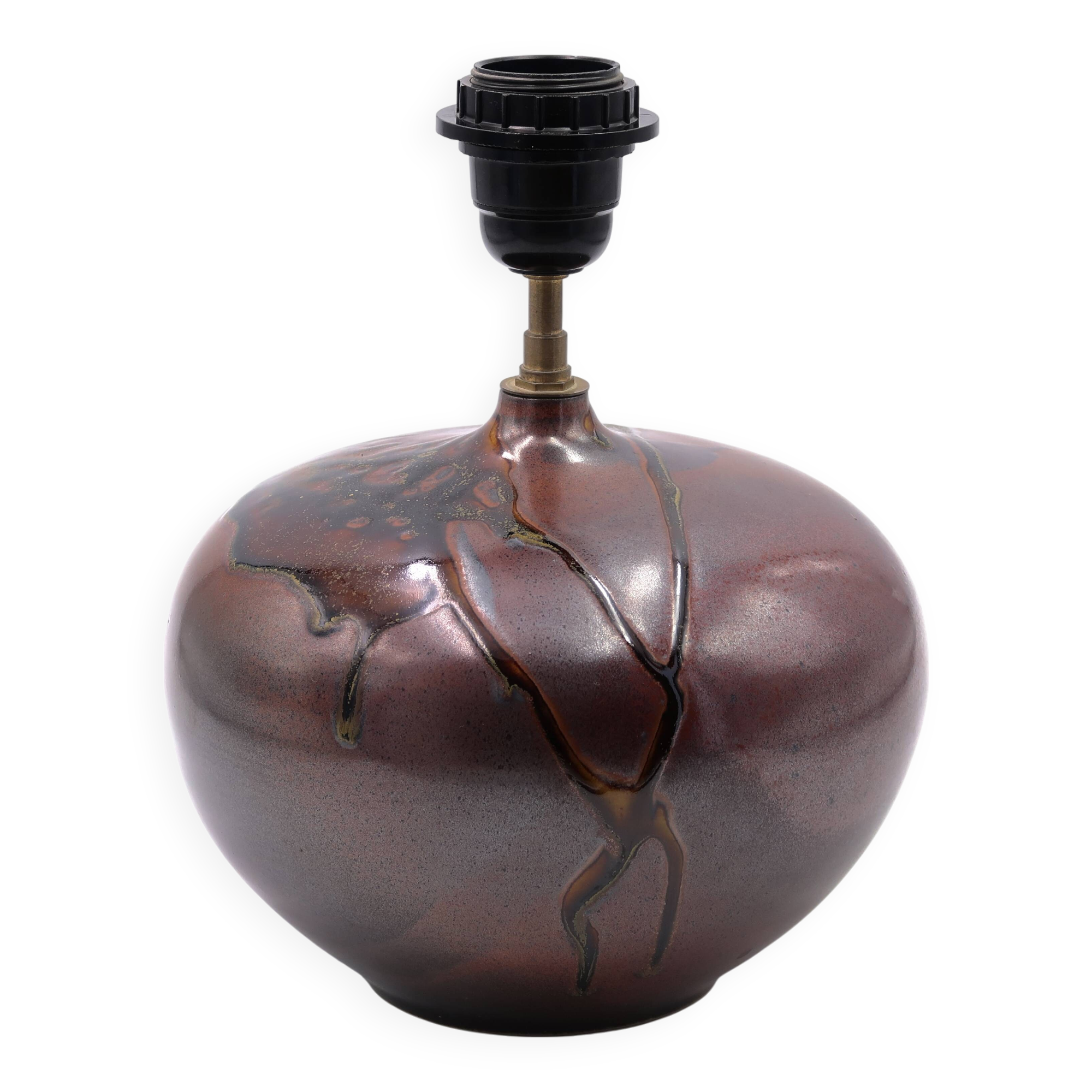 Ceramic and brass lamp by Jean Cacheleux, abstract decor, 1970s