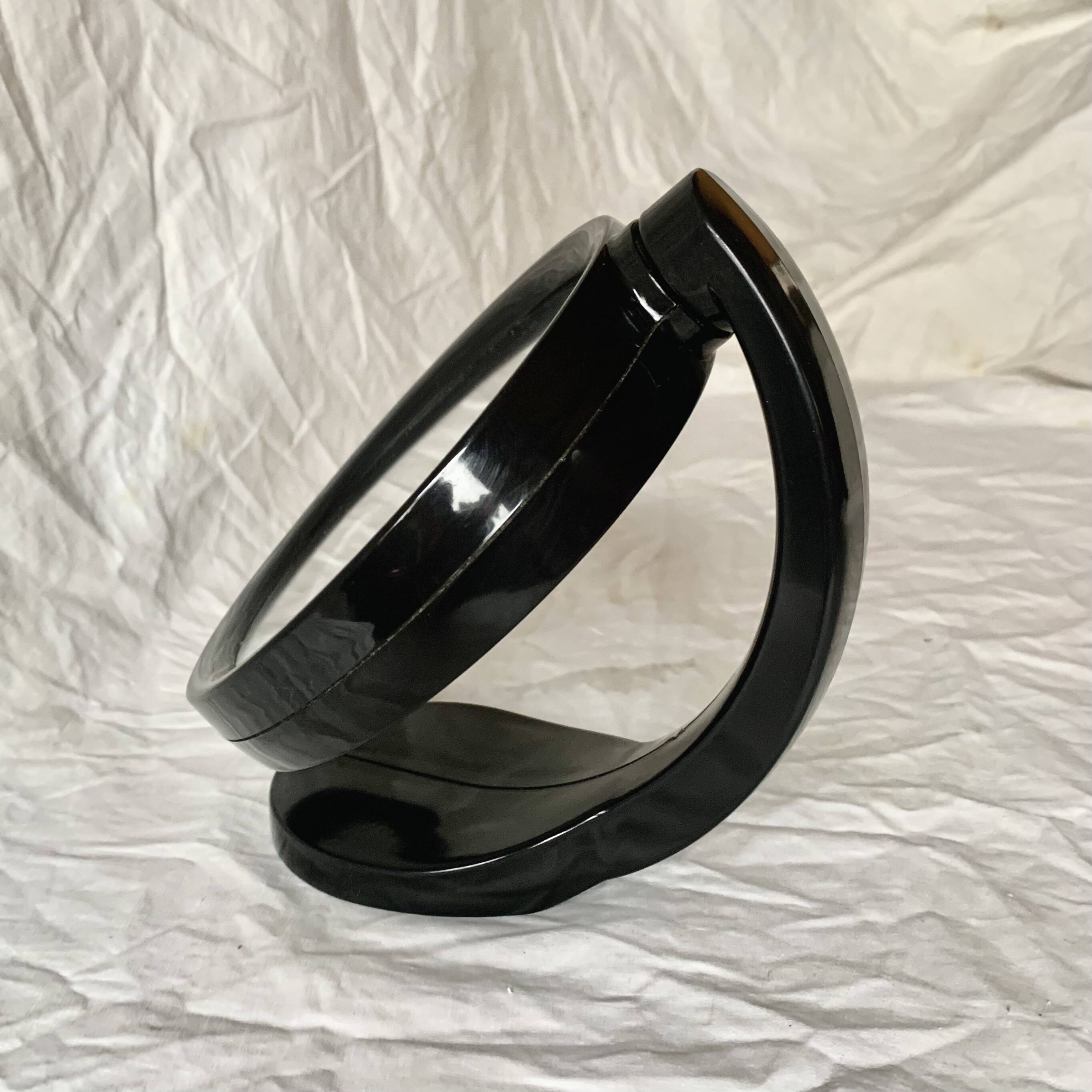 Small vintage black plastic swivel makeup mirror - Space Age Design - 1970s