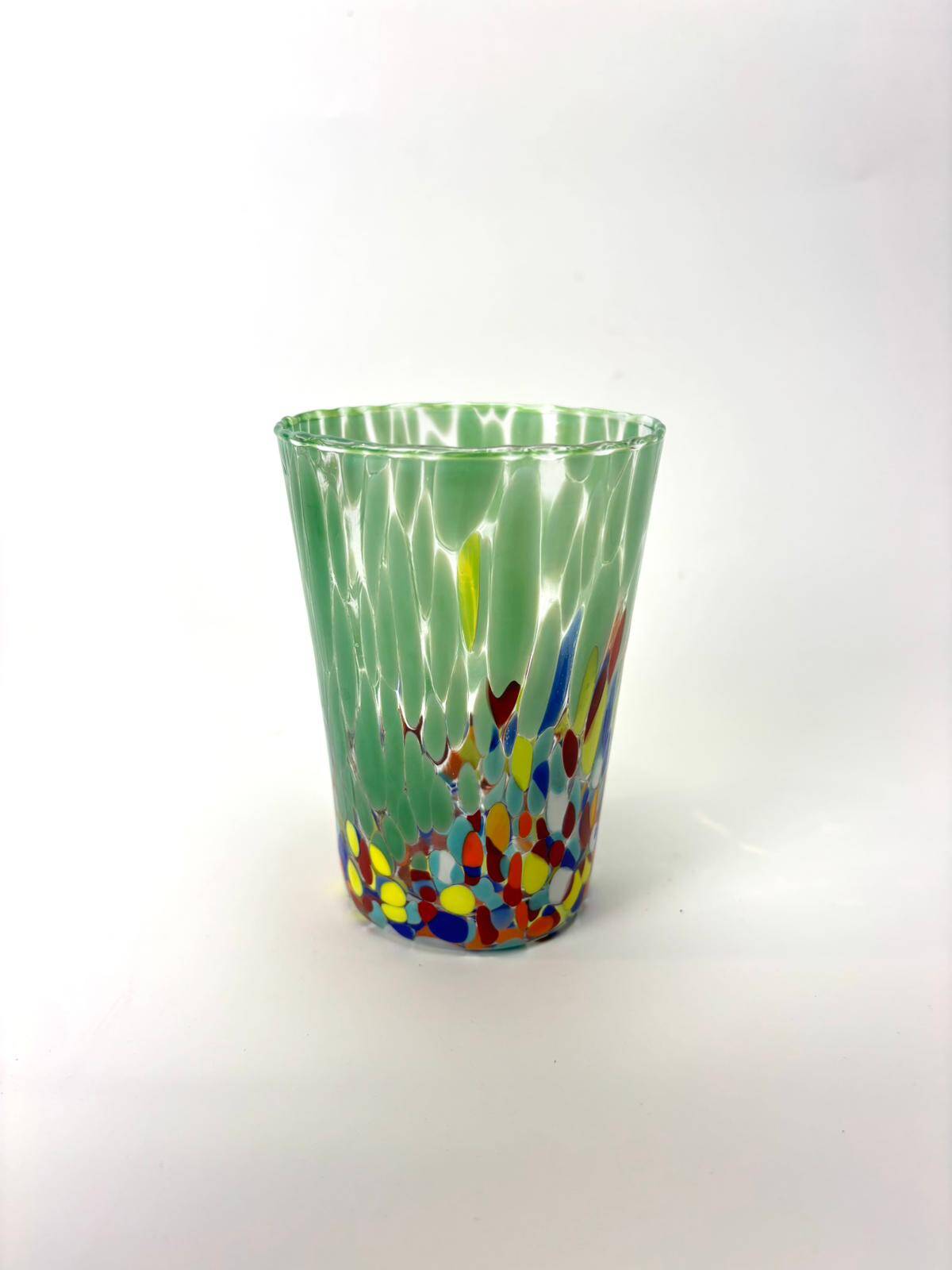 Set of 6 blown glass glasses with coloured Murano granules.
