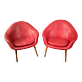 2 Hans Olsen armchairs, 1950s, red leather finish.