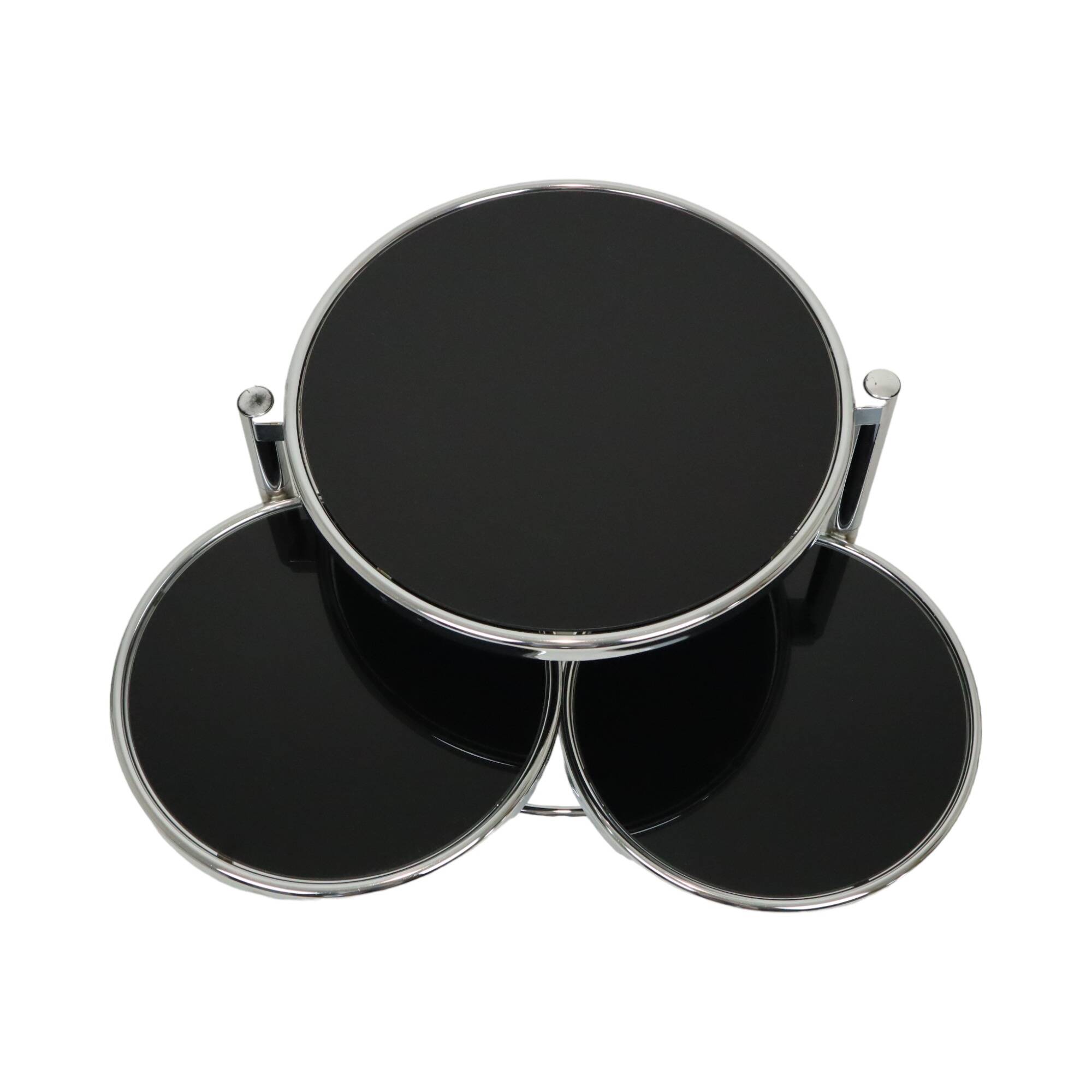Round rotatable coffee table design black glass chrome 3 plateaus 1980s