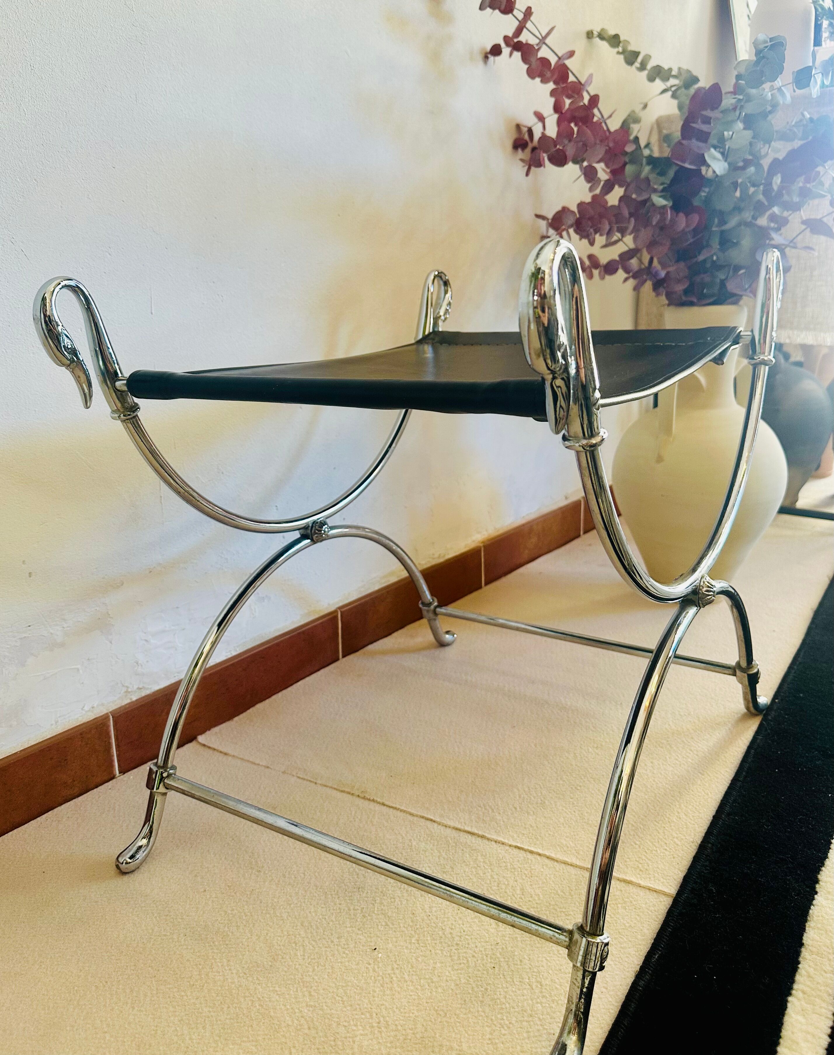 Curule Stool Maison Jansen in Chrome Steel and Black Leather
