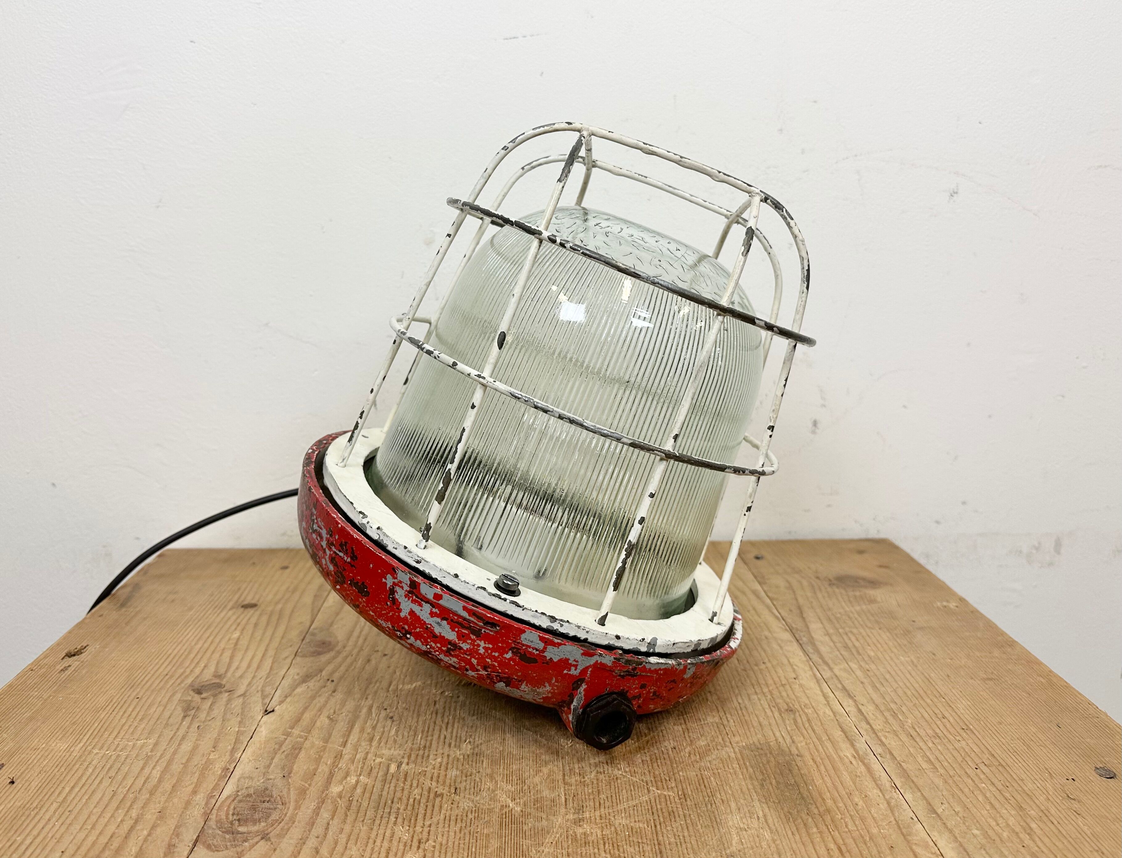 Red industrial cast iron cage pendant light, 1960s