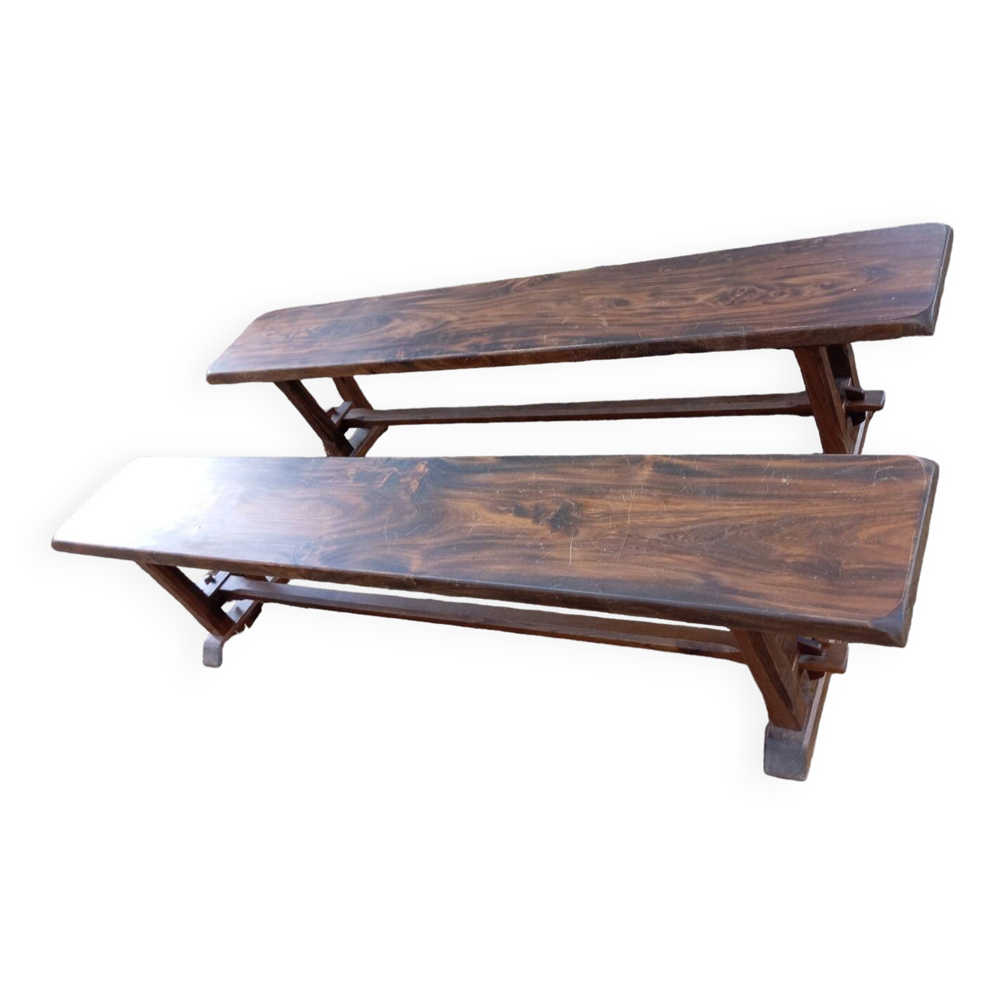 Pair of solid cherry wood farmhouse benches, 1950/60