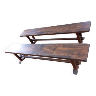 Pair of solid cherry wood farmhouse benches, 1950/60