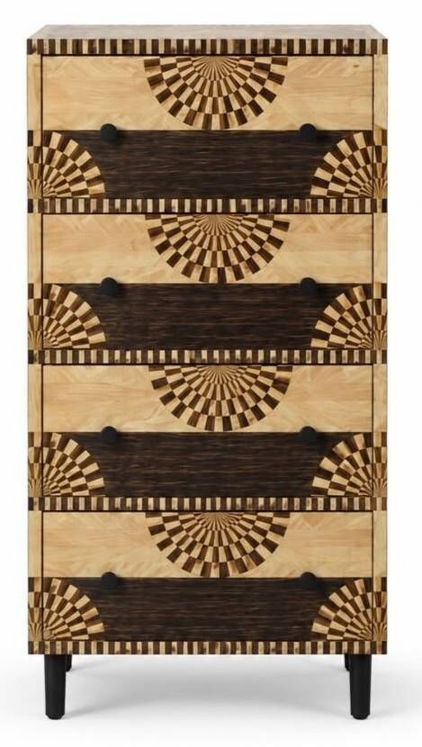 A tall Art Deco chest of drawers in beech wood with a graphic and contrasting design.