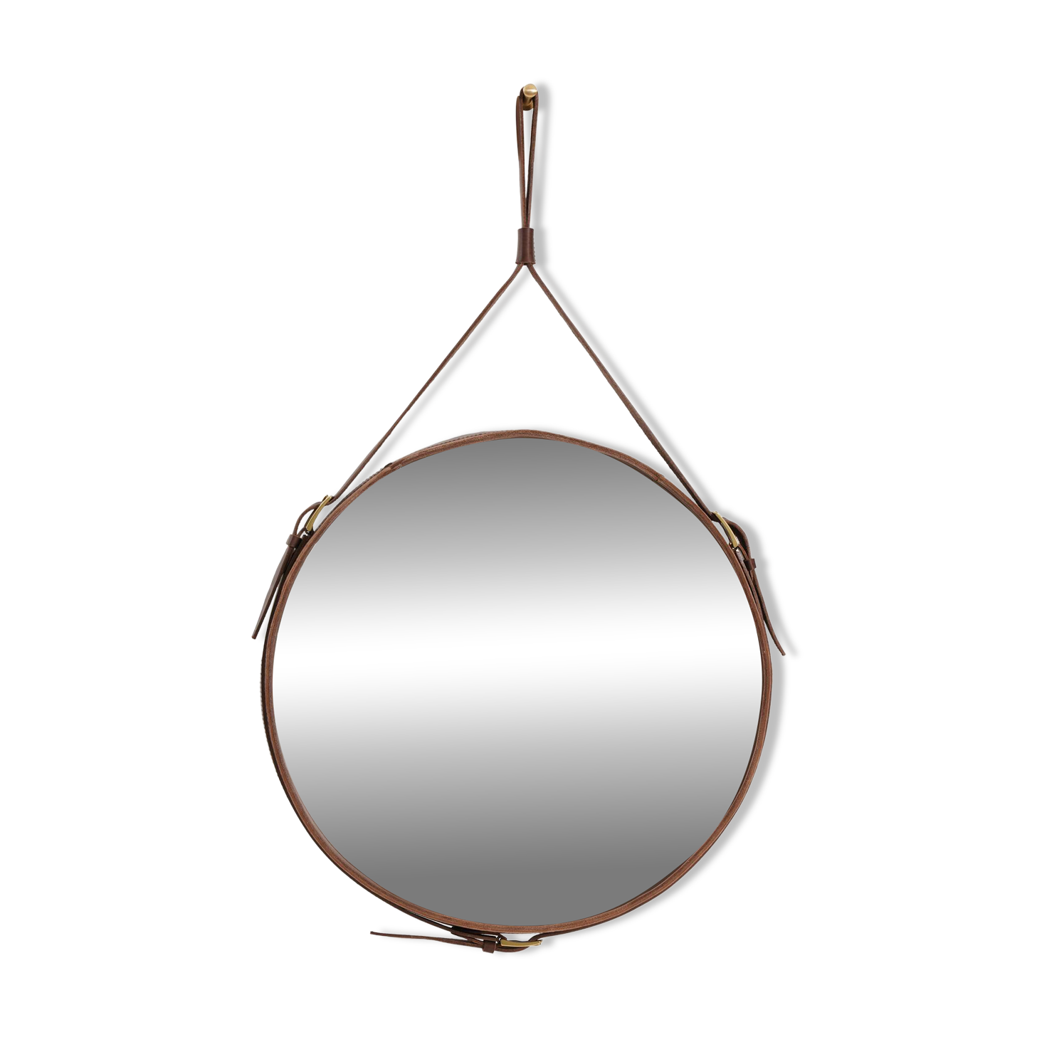 Handmade J. Adnet style mirror in brown vegetable-tanned leather, ø 45 cm