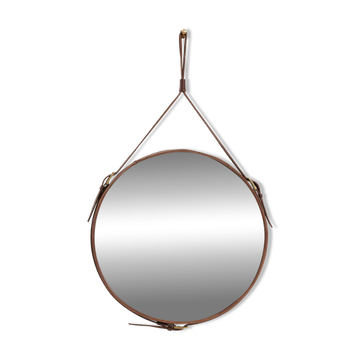 Handmade J. Adnet style mirror in brown vegetable-tanned leather, ø 45 cm