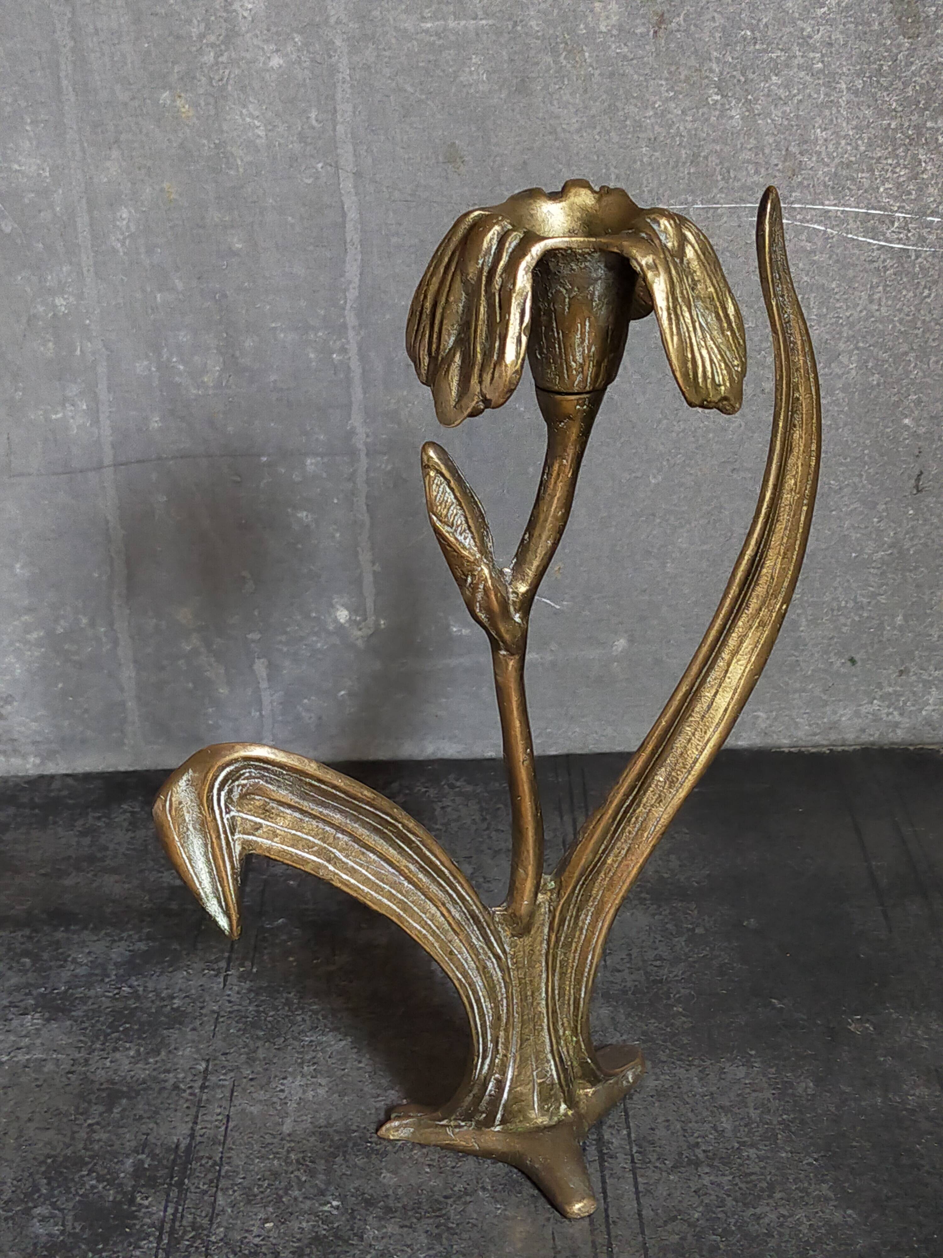 Old iris flower candle holder in solid brass