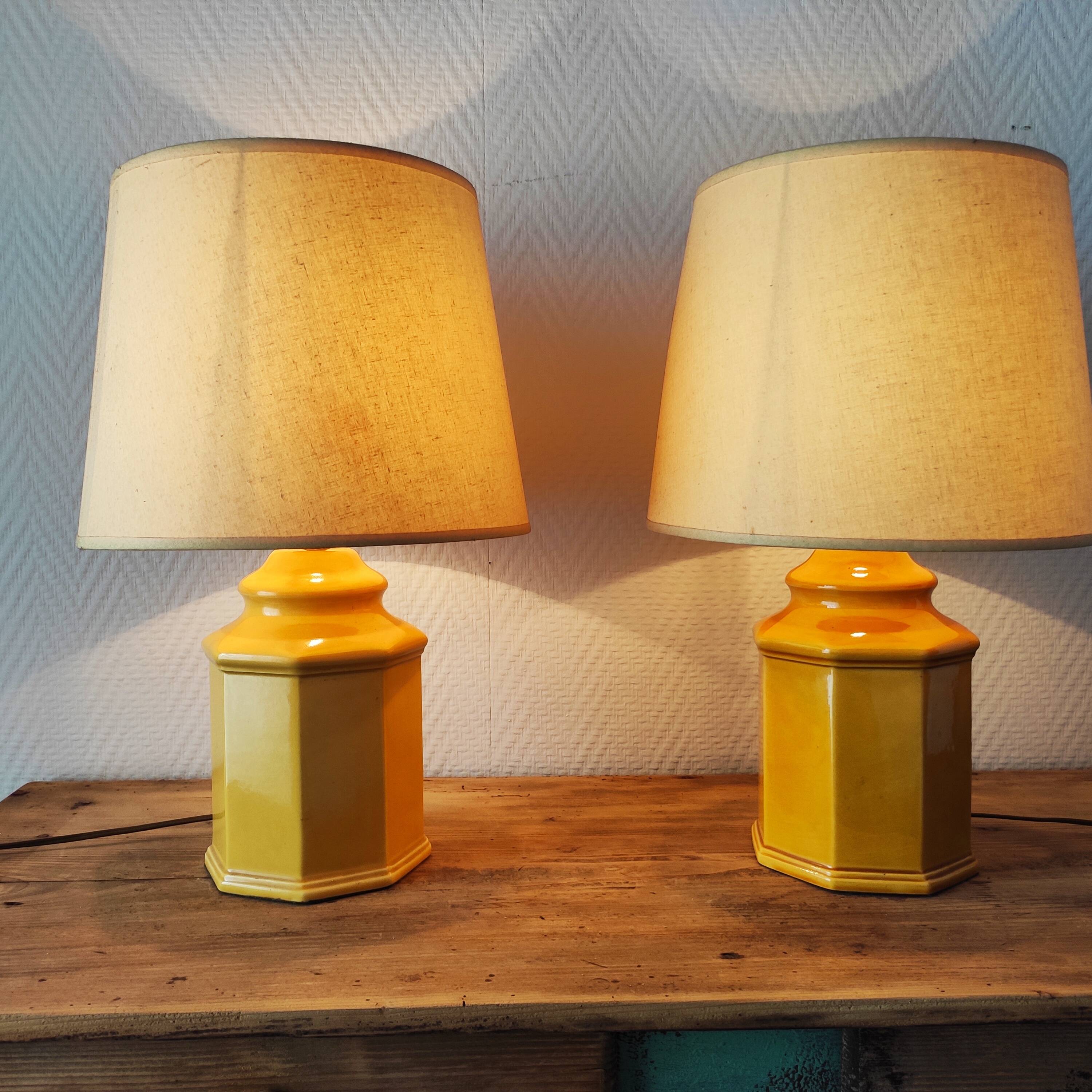 Pair of yellow ceramic lamps, 1980