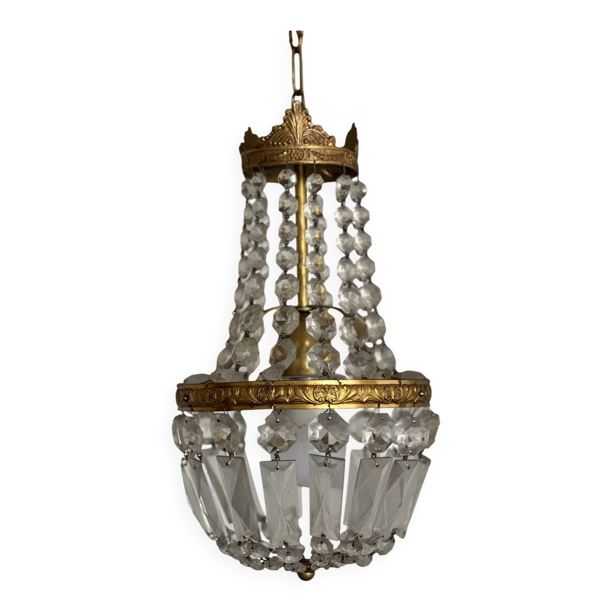 Lustre corbeille ancien en laiton et pampilles – Art déco années 1930